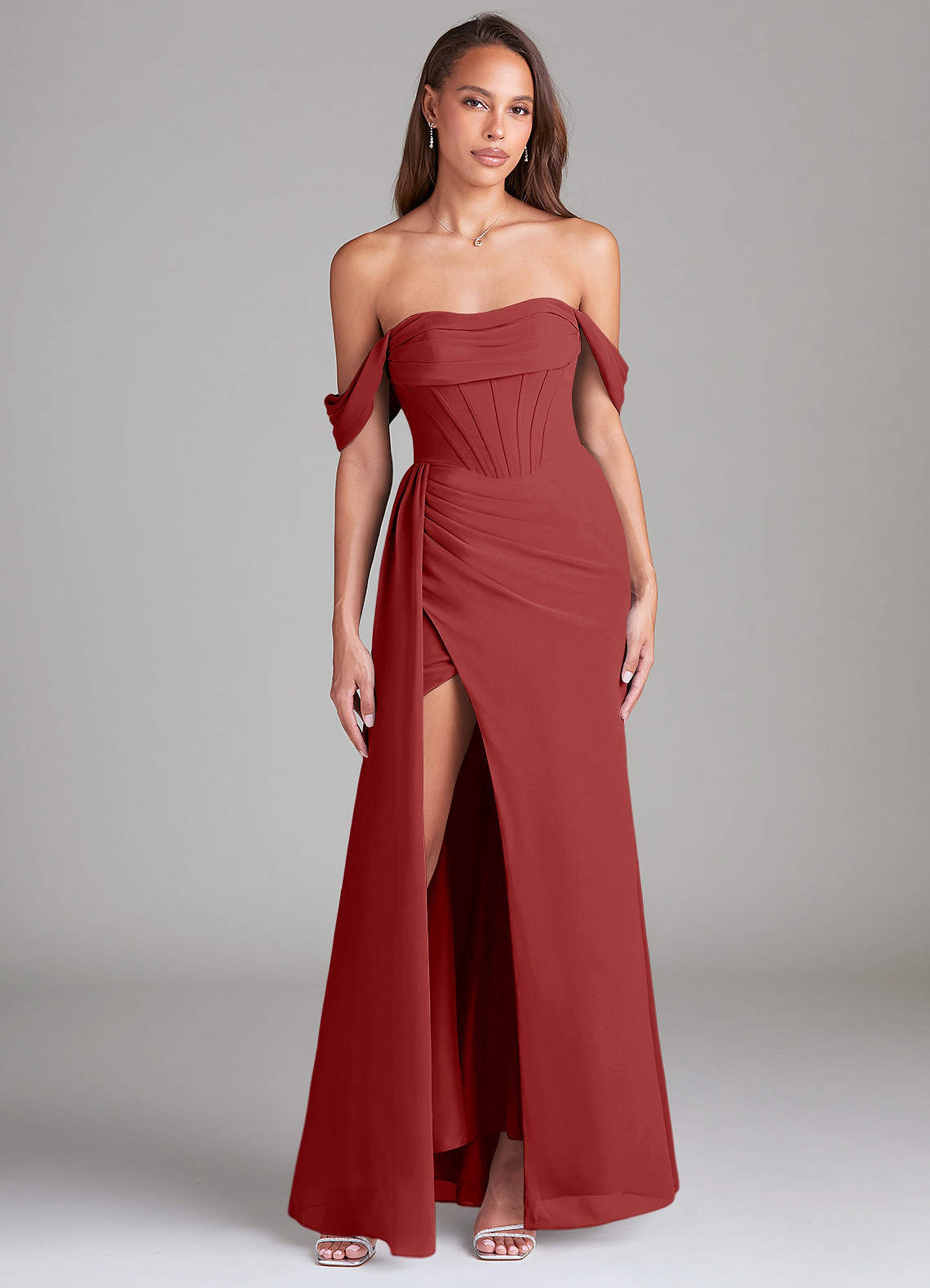 Azazie Amyra Bridesmaid Dresses Rust Sheath Off the Shoulder Chiffon Convertible Dress image1