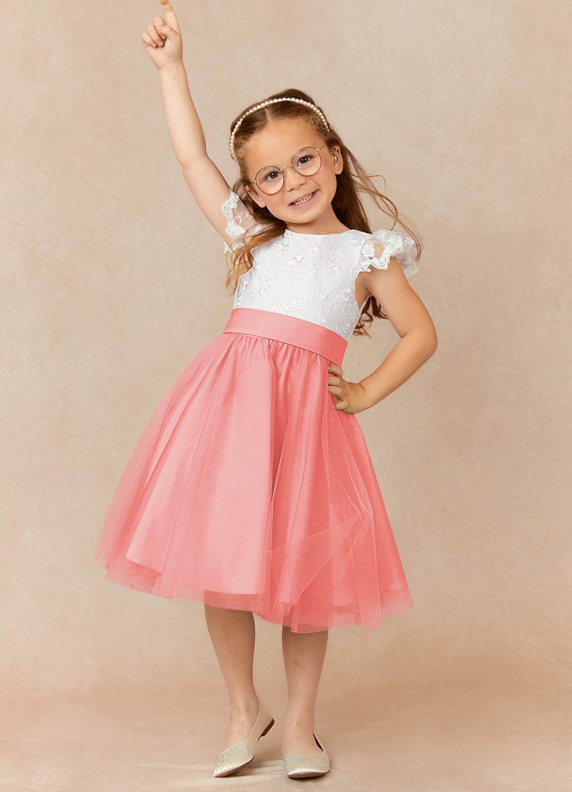 Azazie Vetty Flower Girl Dresses Ivory Coral A-Line Lace Tulle Dress image1