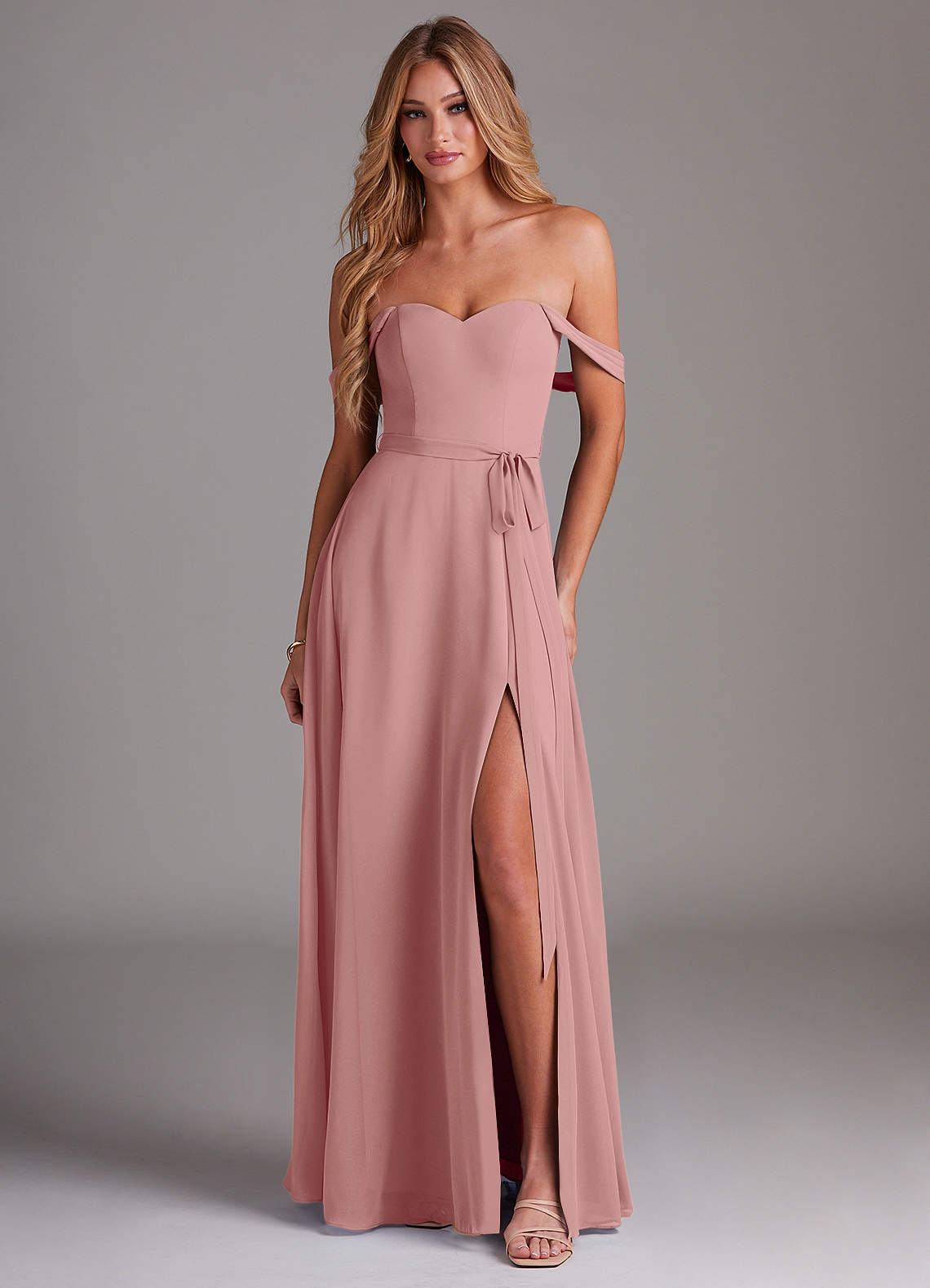 Azazie Aaron Bridesmaid Dresses Dusty Rose A-Line Off the Shoulder Chiffon Convertible Dress image1