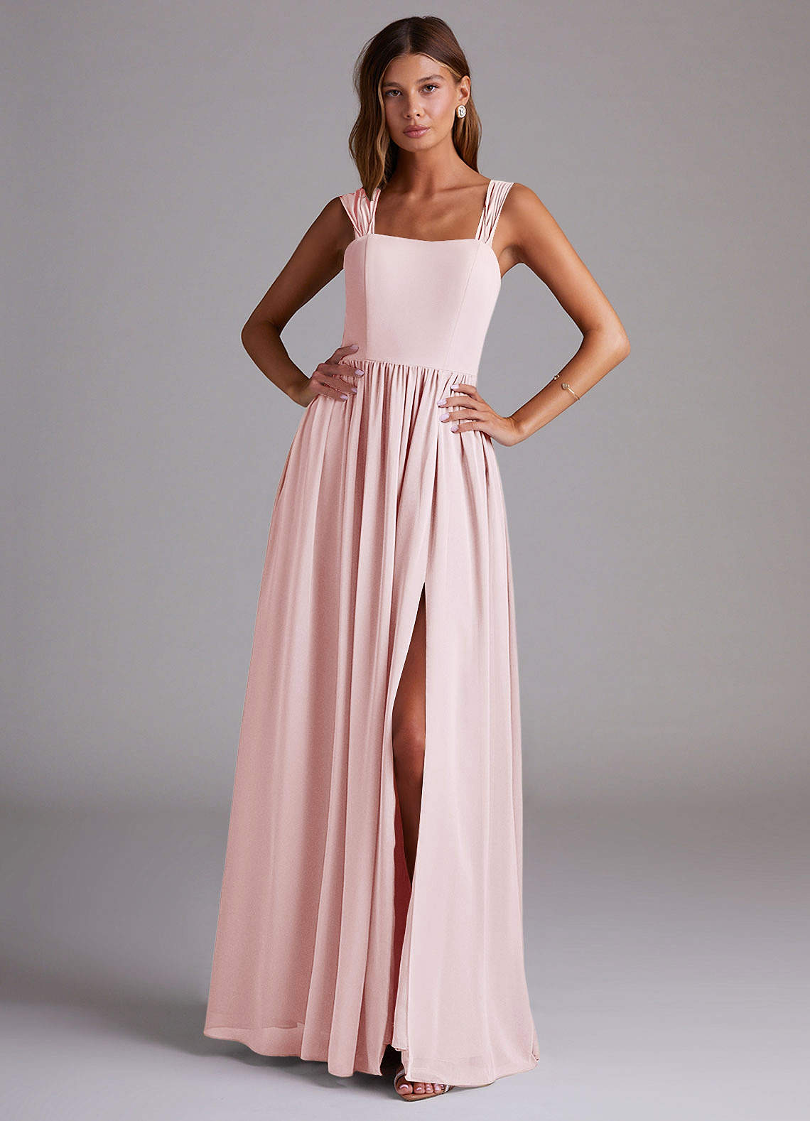 Azazie Calianna Bridesmaid Dresses Blushing Pink A-Line Off the Shoulder Chiffon Convertible Dress image1