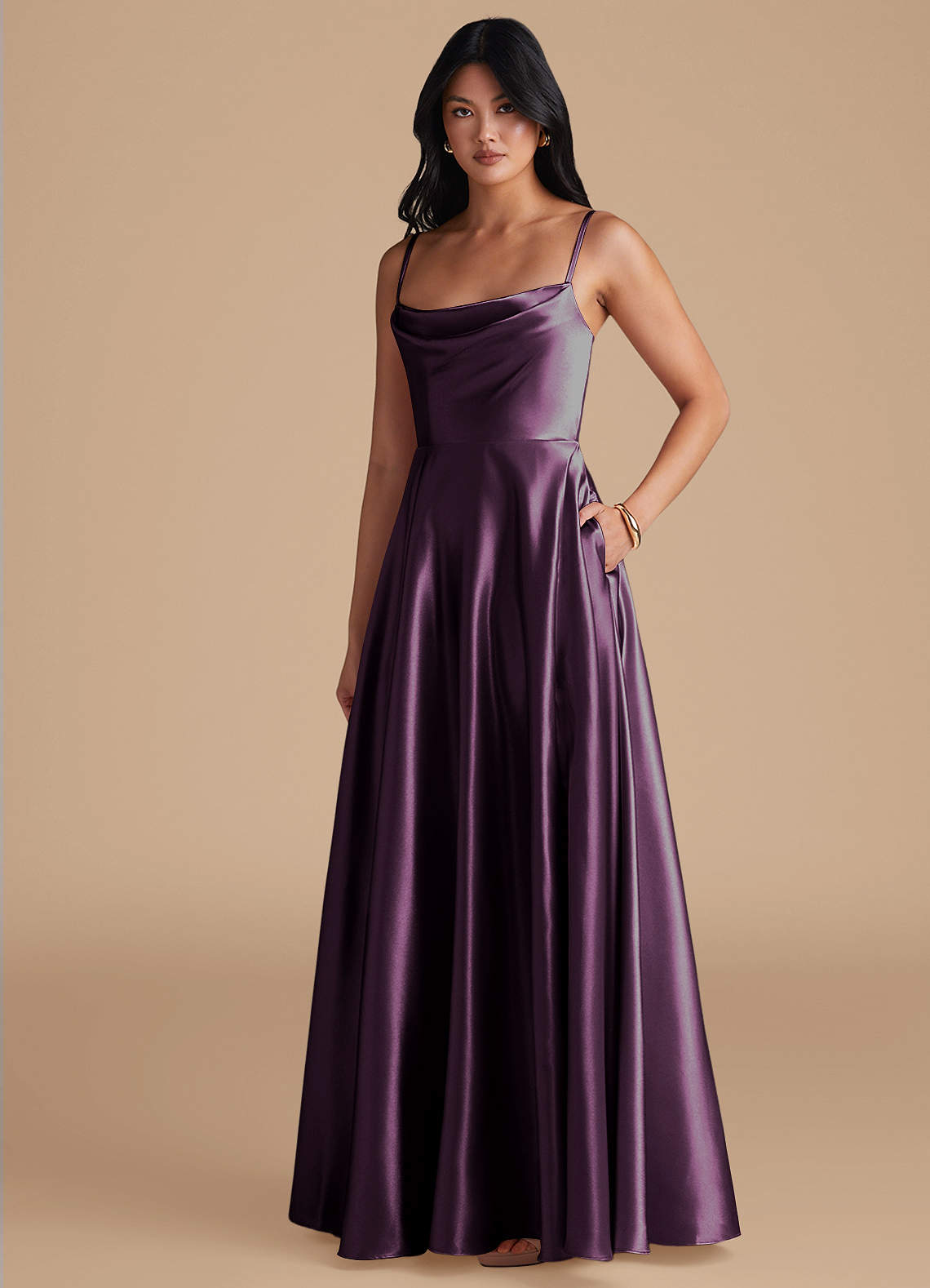 Azazie Elle Brautjungfernkleider A-Linie mit Taschen Metallischer Satin Kleid Pflaume image1