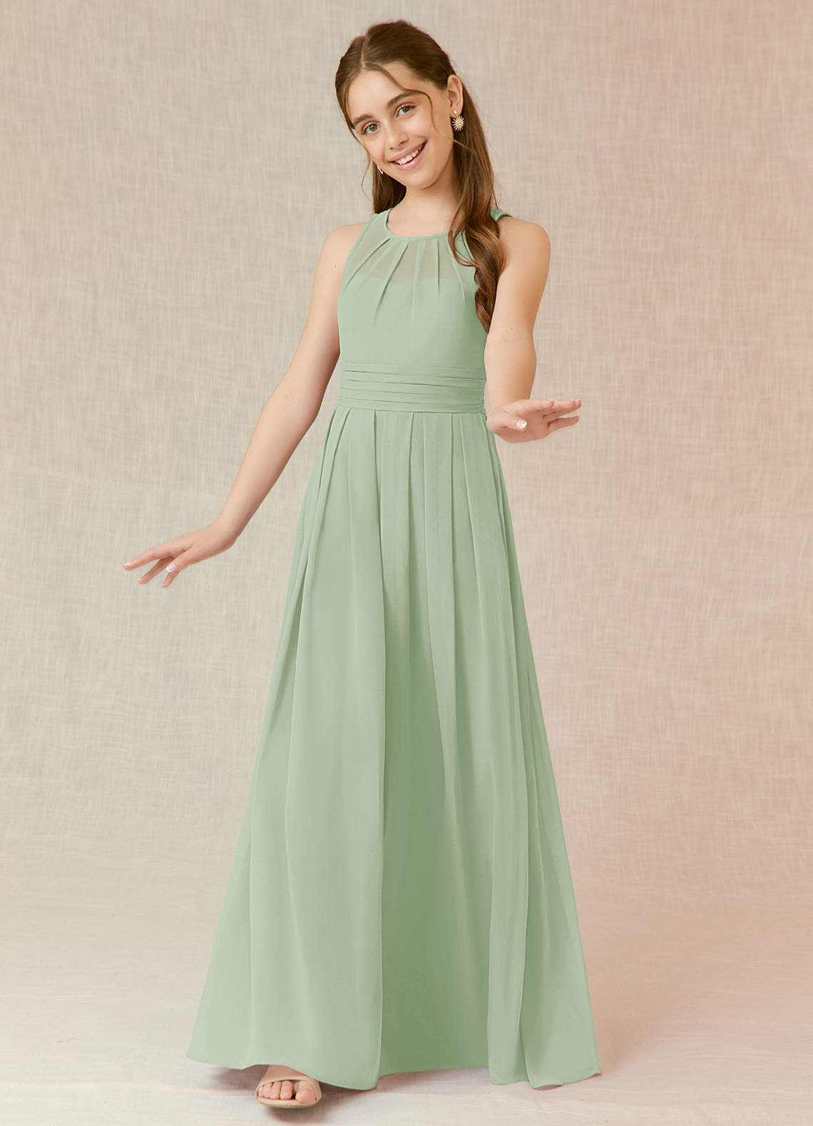 Azazie Bibiane Junior Dusty Sage A-Line Pleated Chiffon Dress image3
