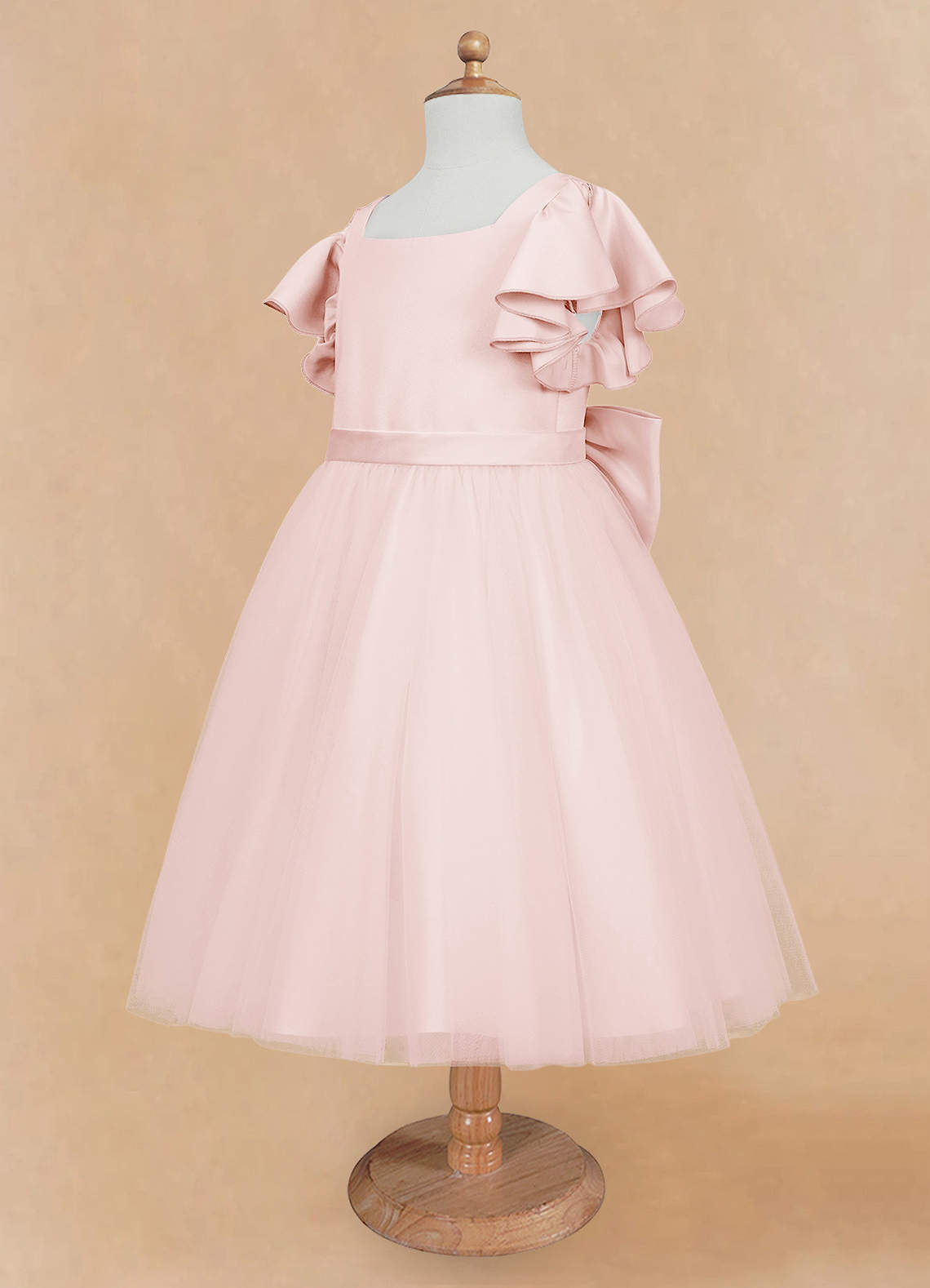 Azazie Kaeya Robe Demoiselle D'honneur Fillette Robe Trapèze en Tulle Arc Rose Pâle image6
