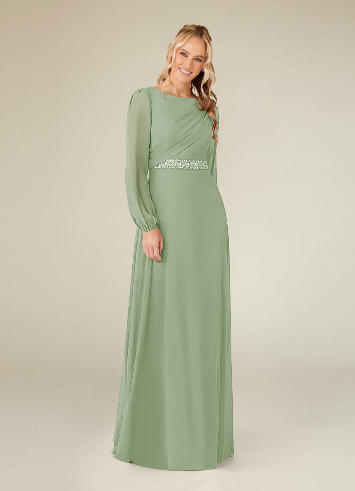 Azazie Priyanka Mother of the Bride Dresses Dusty Sage A-Line Boatneck Pleated Chiffon Dress image1