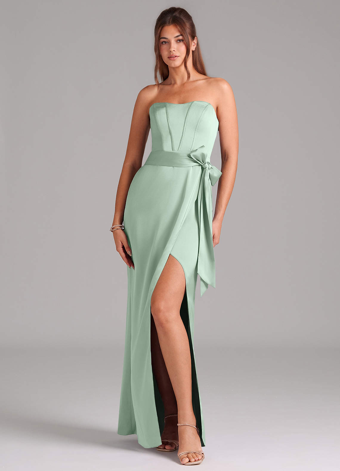 Azazie Jamie Kleider zum Anprobieren zu Hause Wandelbar A-Linie Schulterfrei Stretch-Satin Kleid Agave image1