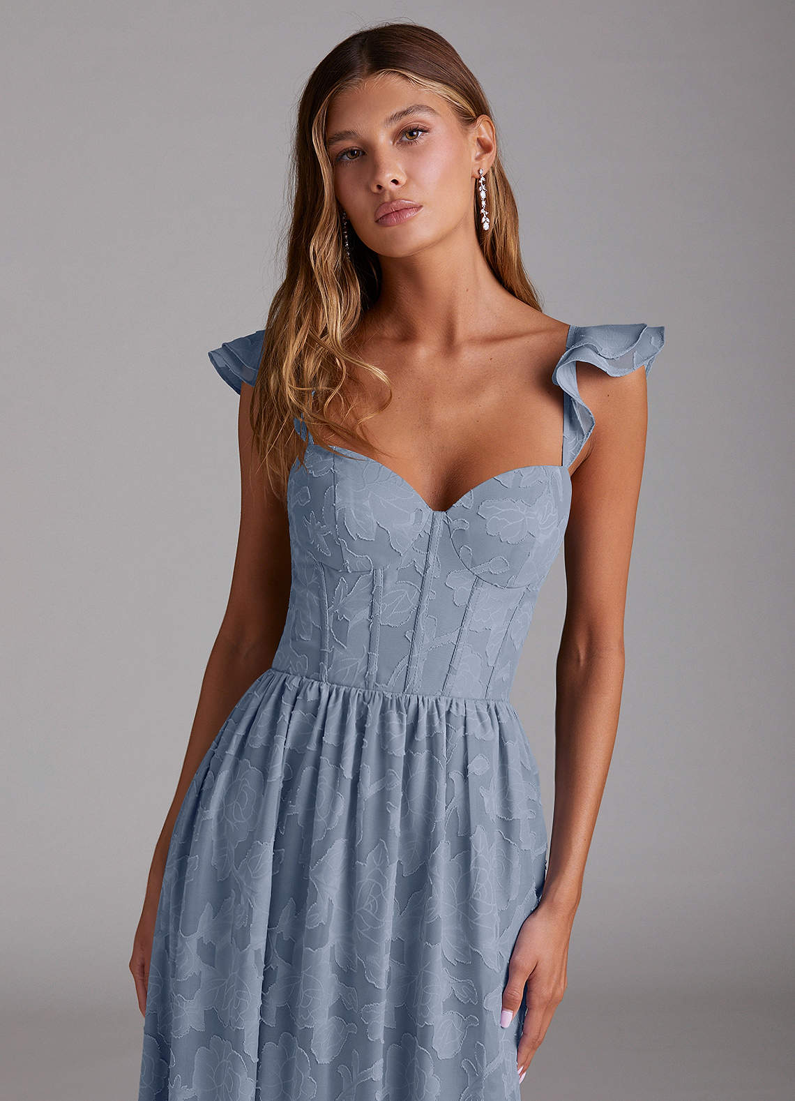 Azazie Denisse Bridesmaid Dresses Dusty Blue A-Line Ruched Floral Burnout Dress image3