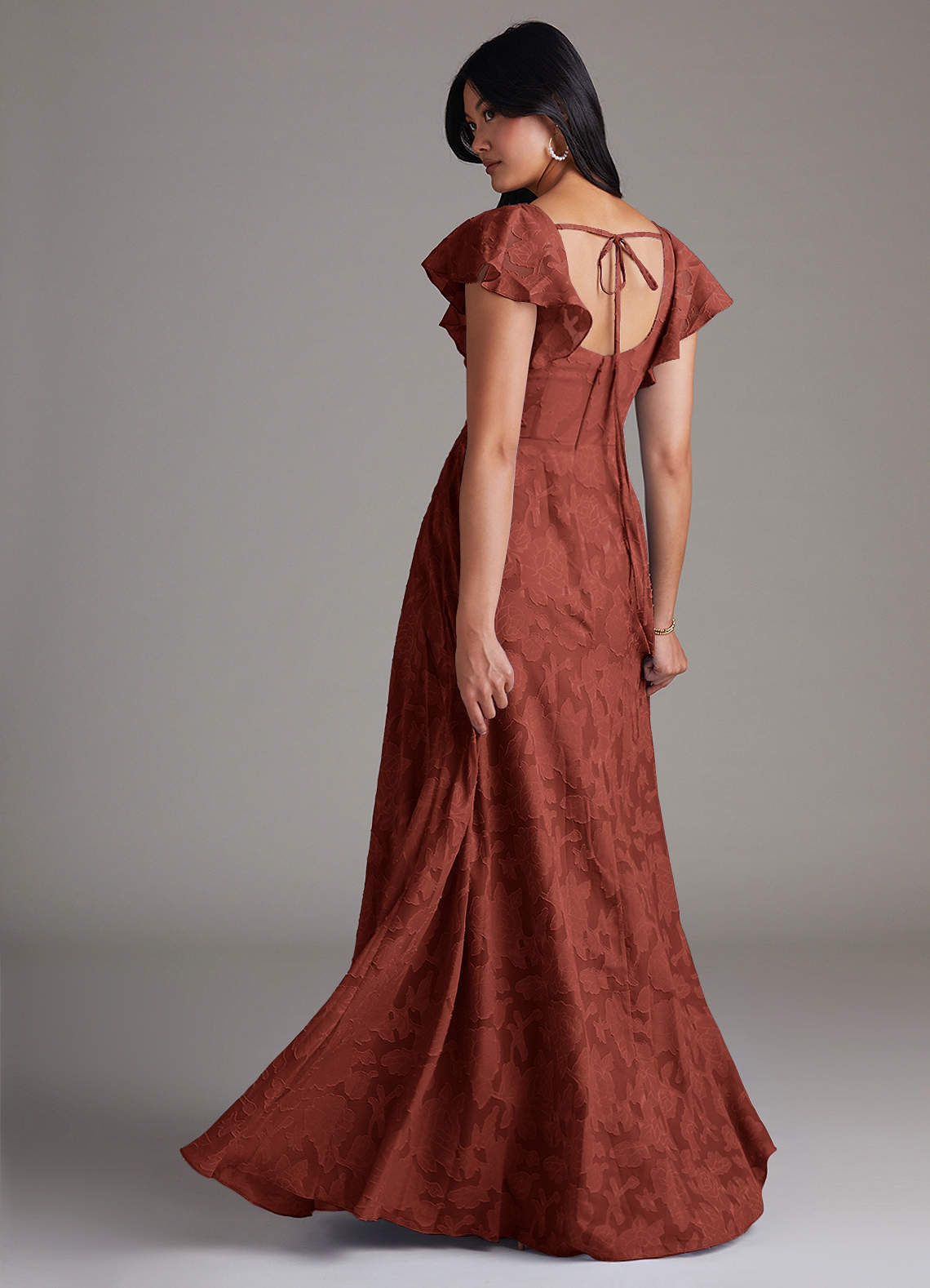 Azazie Bondi Bridesmaid Dresses Terracotta A-Line Side Slit Floral Burnout Dress image2