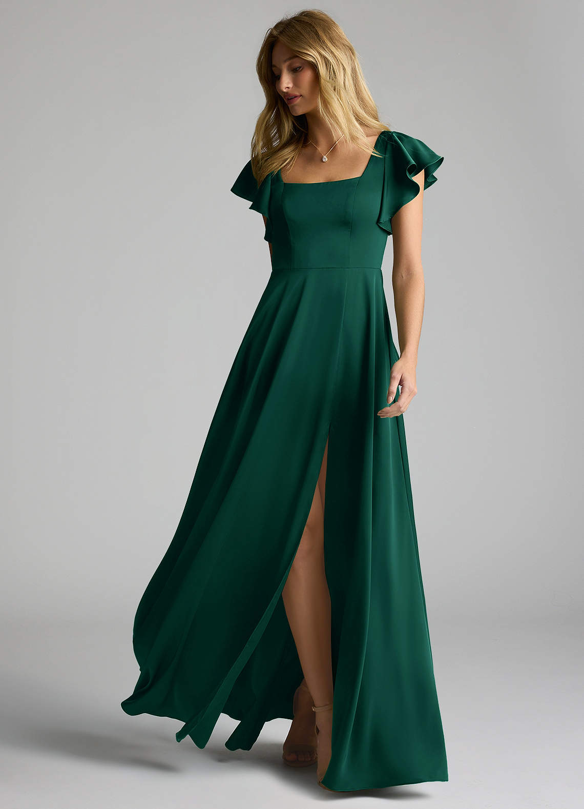 Azazie Bondi Bridesmaid Dresses Emerald A-Line Bow Stretch Satin Dress image5