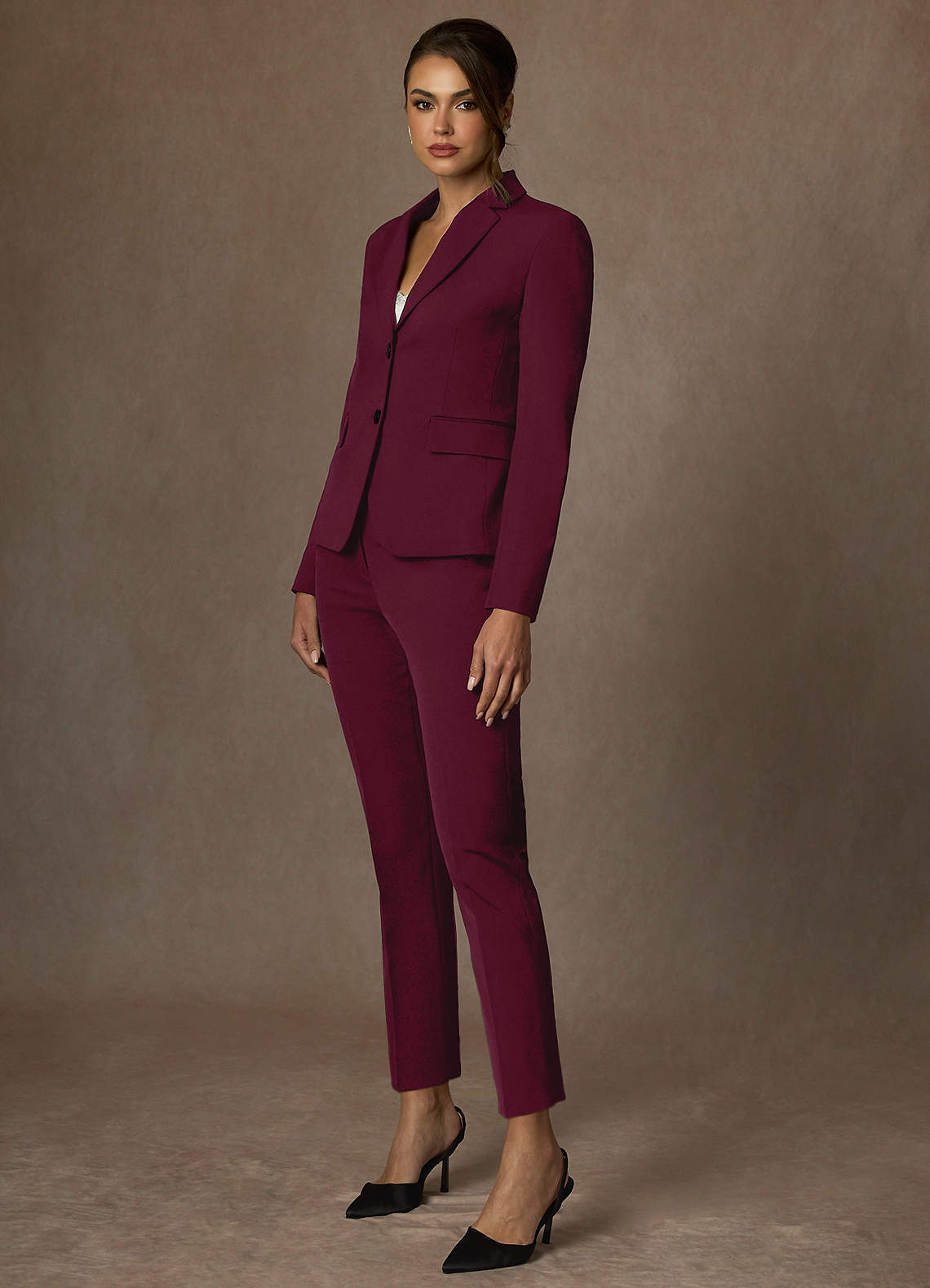 front Whitney Burgundy Structured Stretch Full Length Pants Suit