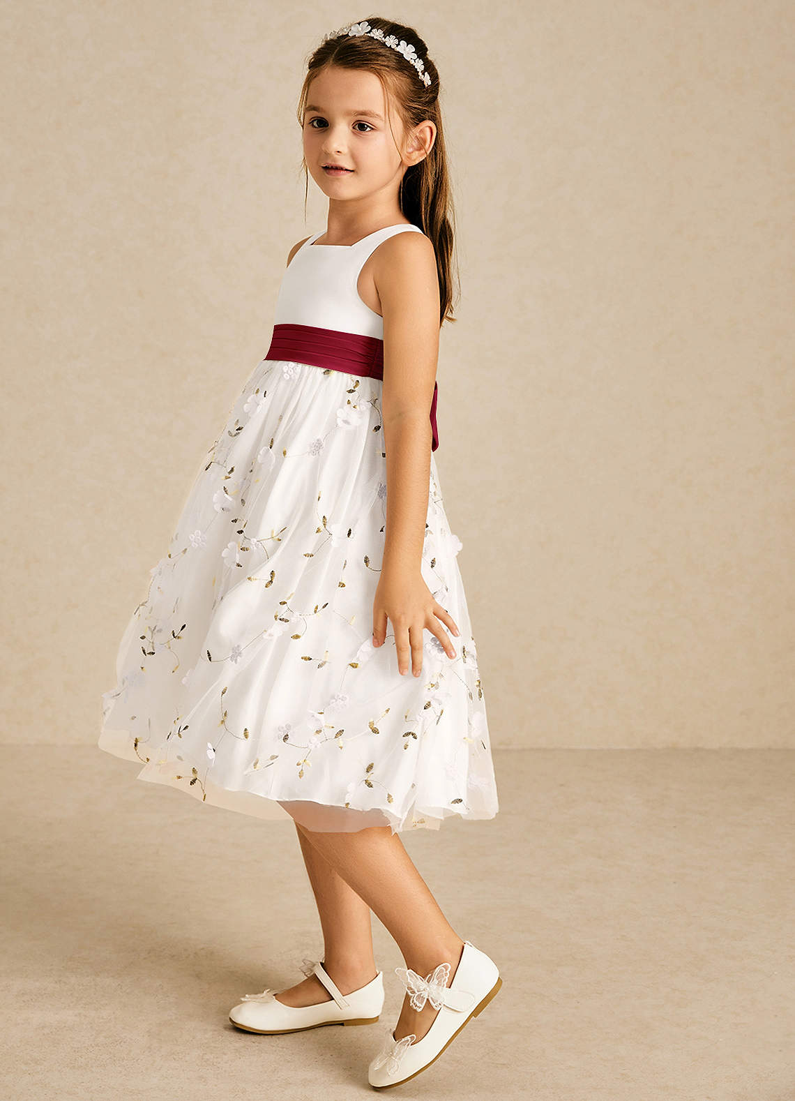 Azazie Pollie Flower Girl Dresses Ivory Burgundy A-Line Bow Tulle Dress image4