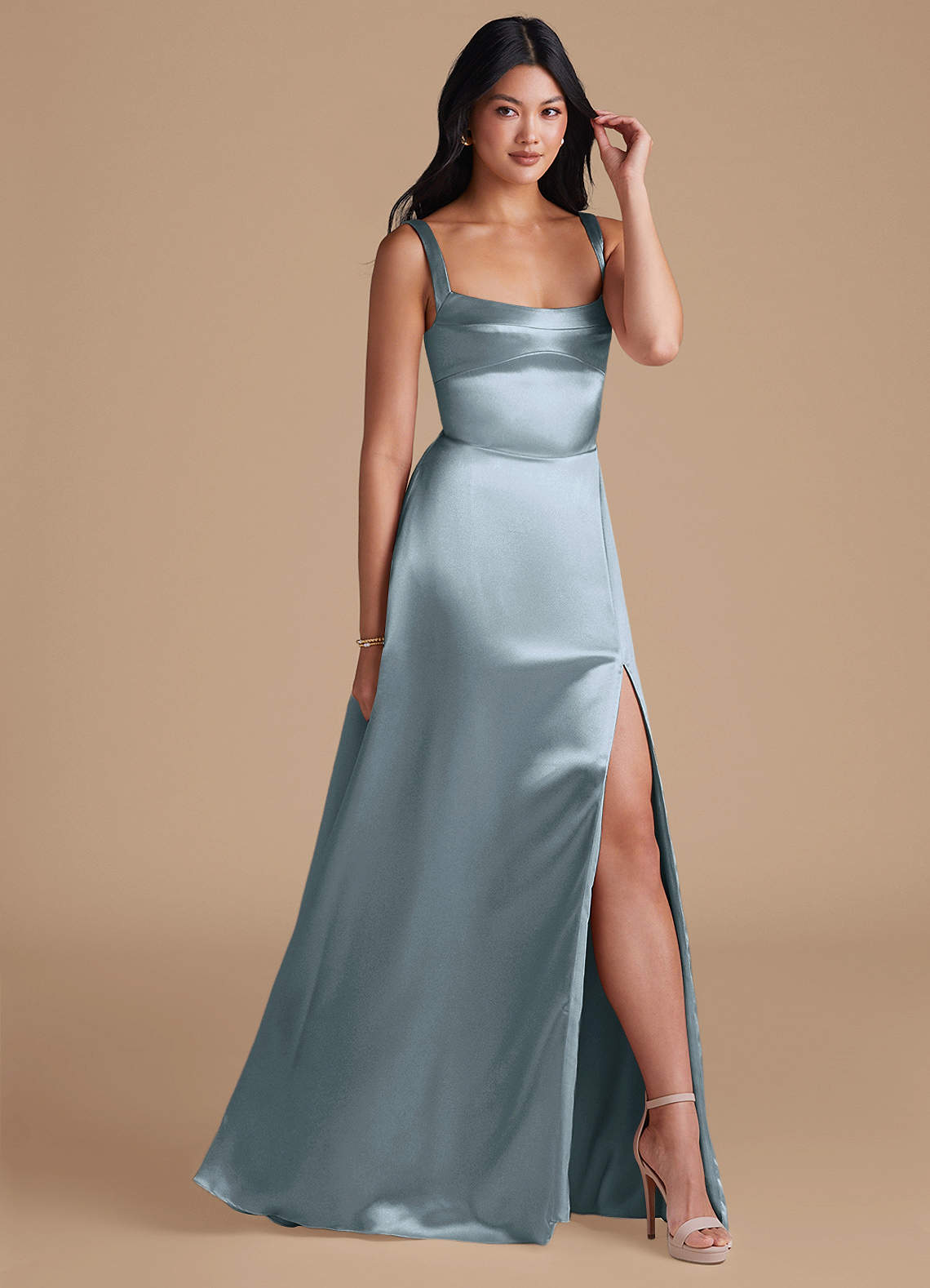 Azazie Hope Bridesmaid Dresses Dusty Blue A-Line with Pockets Metallic Satin Dress image1