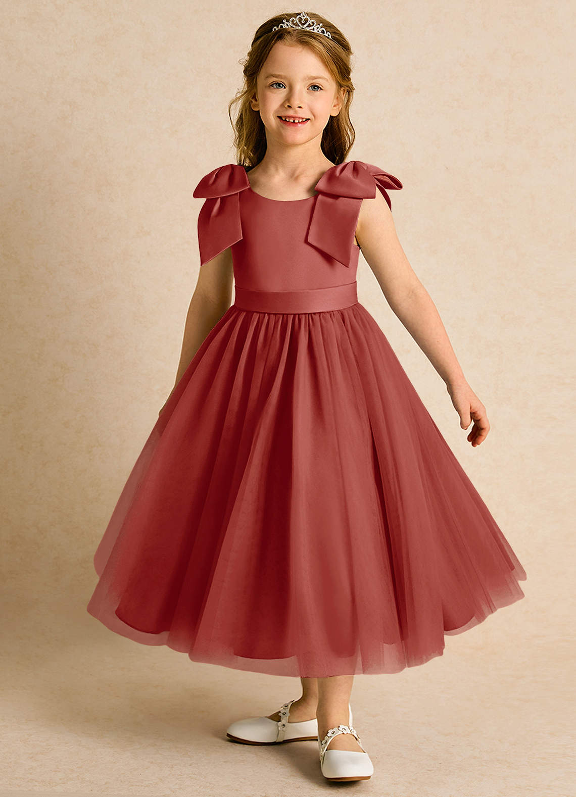 Azazie Serene Flower Girl Dresses Terracotta Ball-Gown Bow Matte Satin Dress image1
