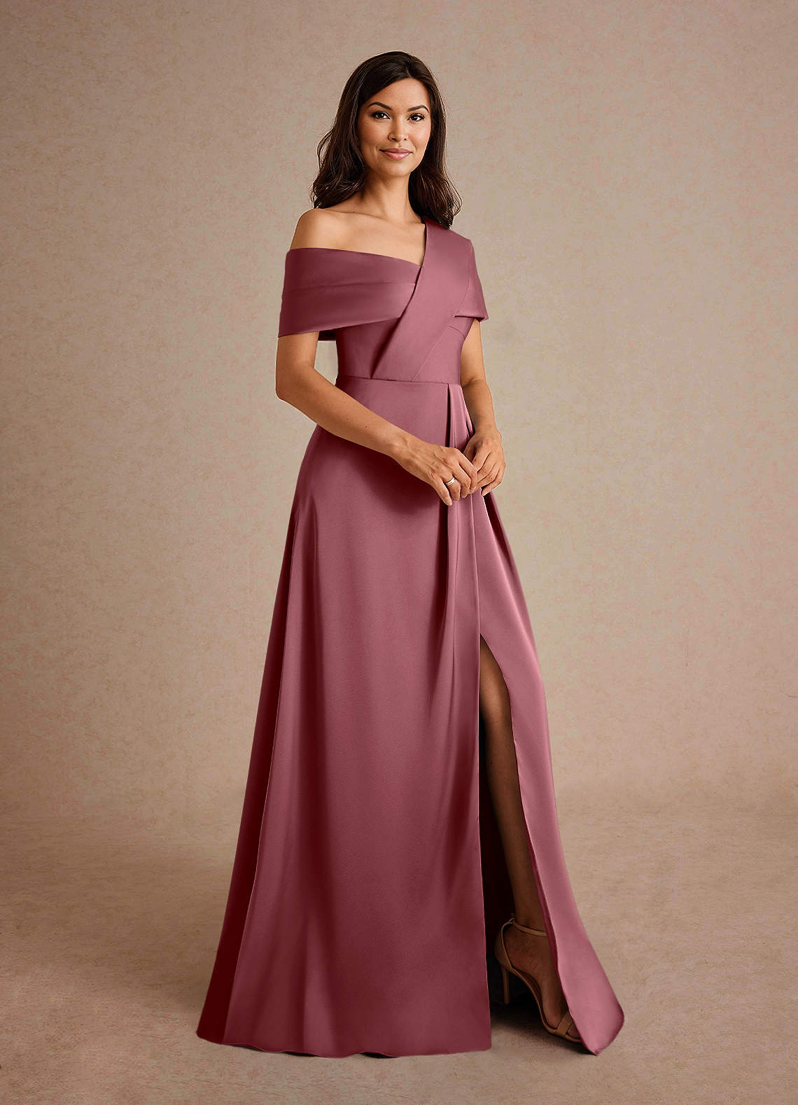 Azazie Milton Mother of the Bride Dresses Desert Rose A-Line Pleated Stretch Satin Dress image5