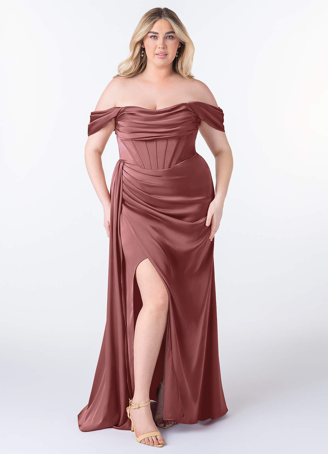 Azazie Amyra Bridesmaid Dresses Amethyst Sheath Off the Shoulder Stretch Satin Convertible Dress image1
