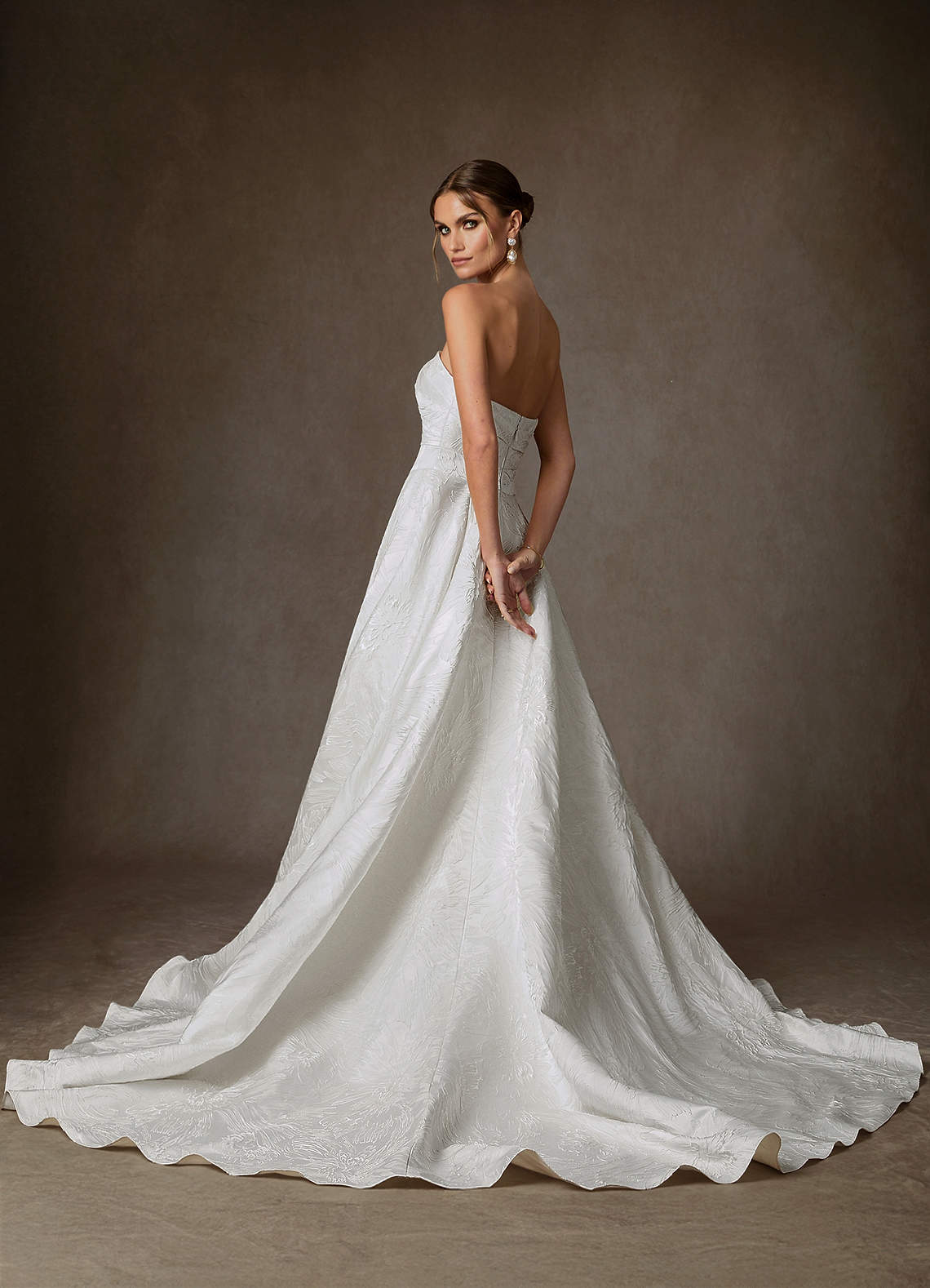 Azazie Tallulah Wedding Dresses Diamond White A-Line Strapless Floral Jacquard Dress image1
