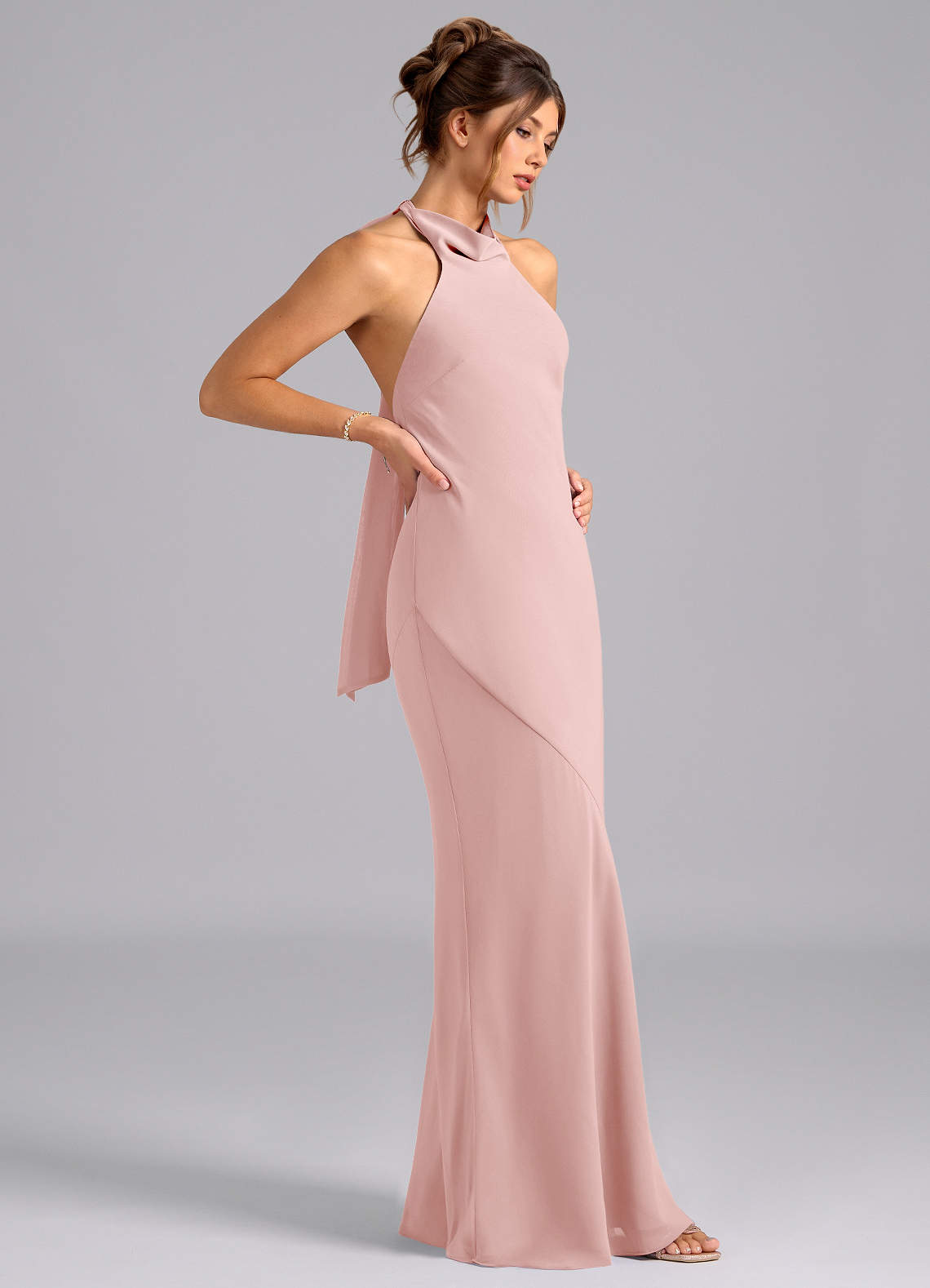 Azazie Velli Bridesmaid Dresses Powder Pink Mermaid High Neck Chiffon Dress image3