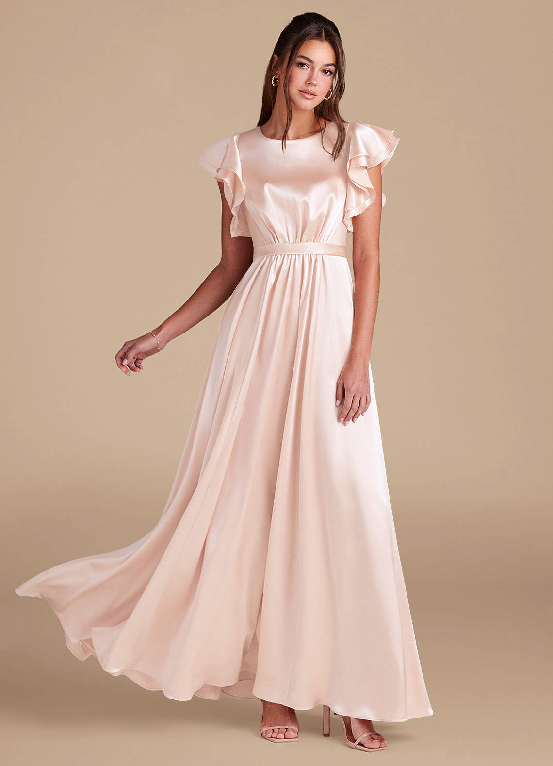 Azazie Daphne Modest Bridesmaid Dresses A-Line Ruched Metallic Satin Floor-Length Dress image1