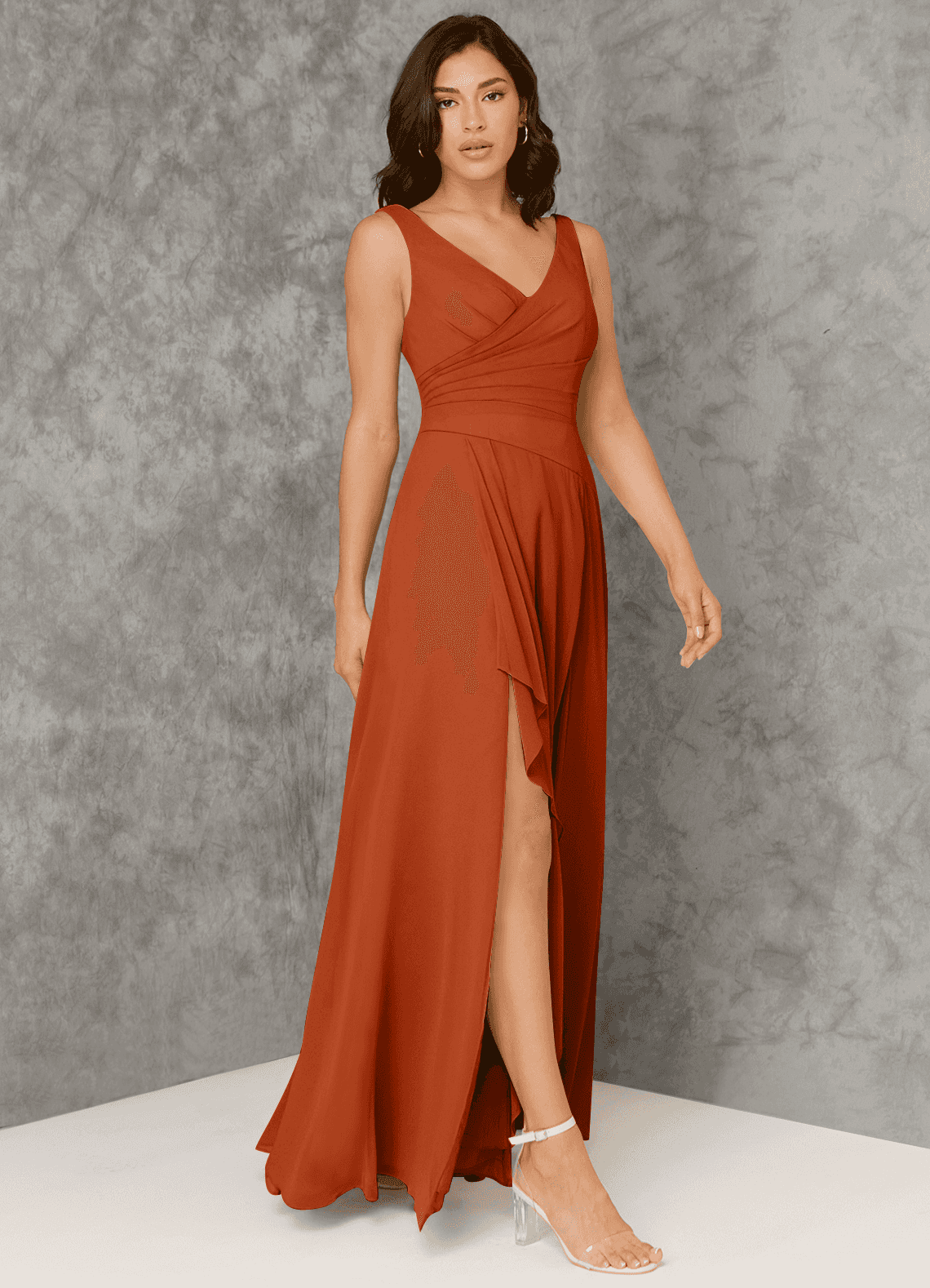 Azazie Kori Vestidos de damas de honor Vestido de Naranja Quemada de Gasa de Corte en A con Plisado image1