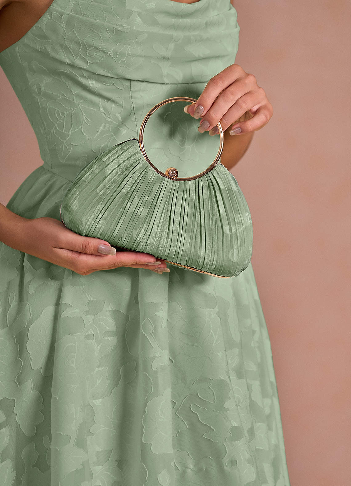 front Matching Color Floral Burnout Pleated Handbag