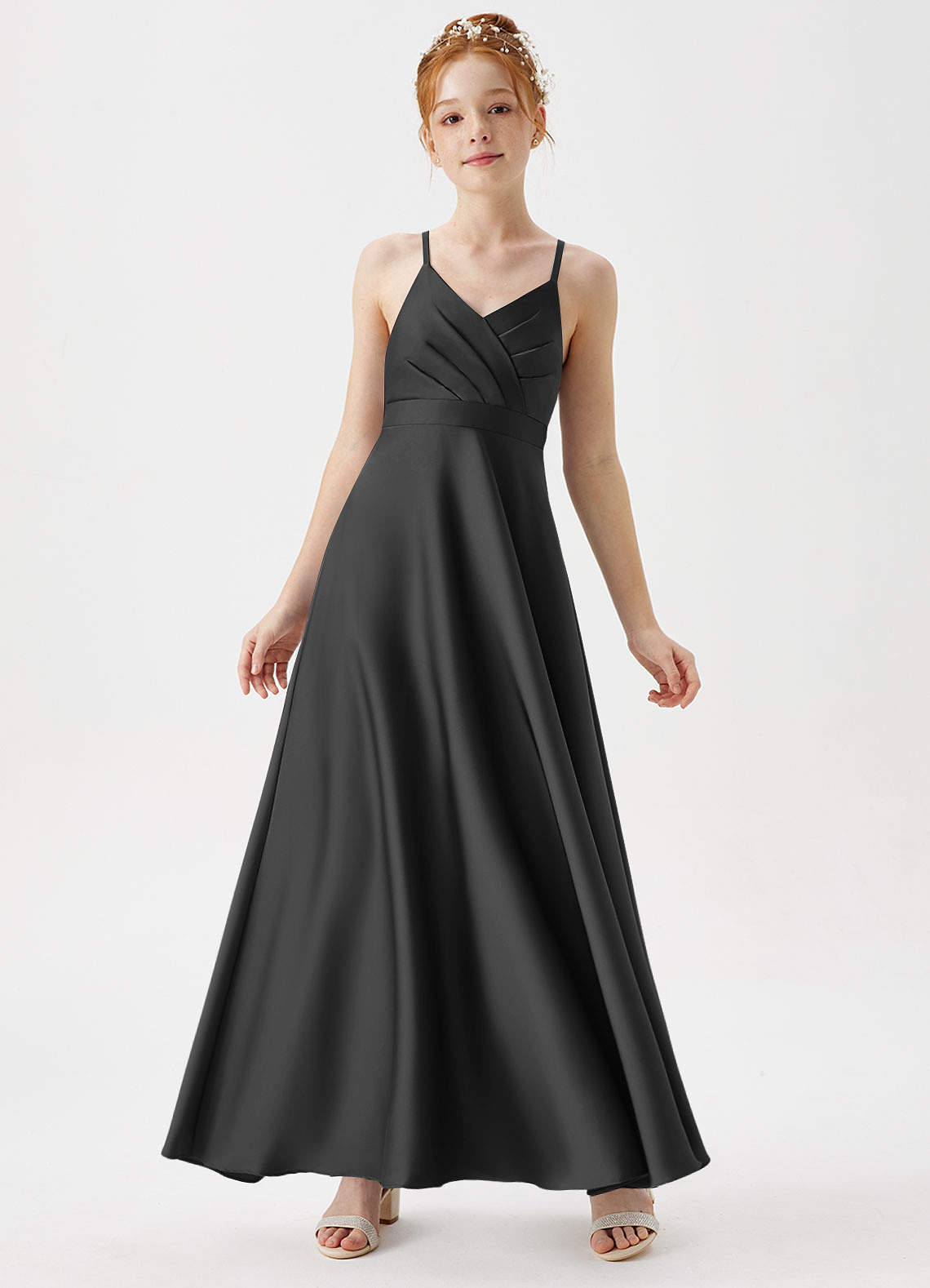 Azazie Avelina Junior Black A-Line Pleated Stretch Satin Dress image1