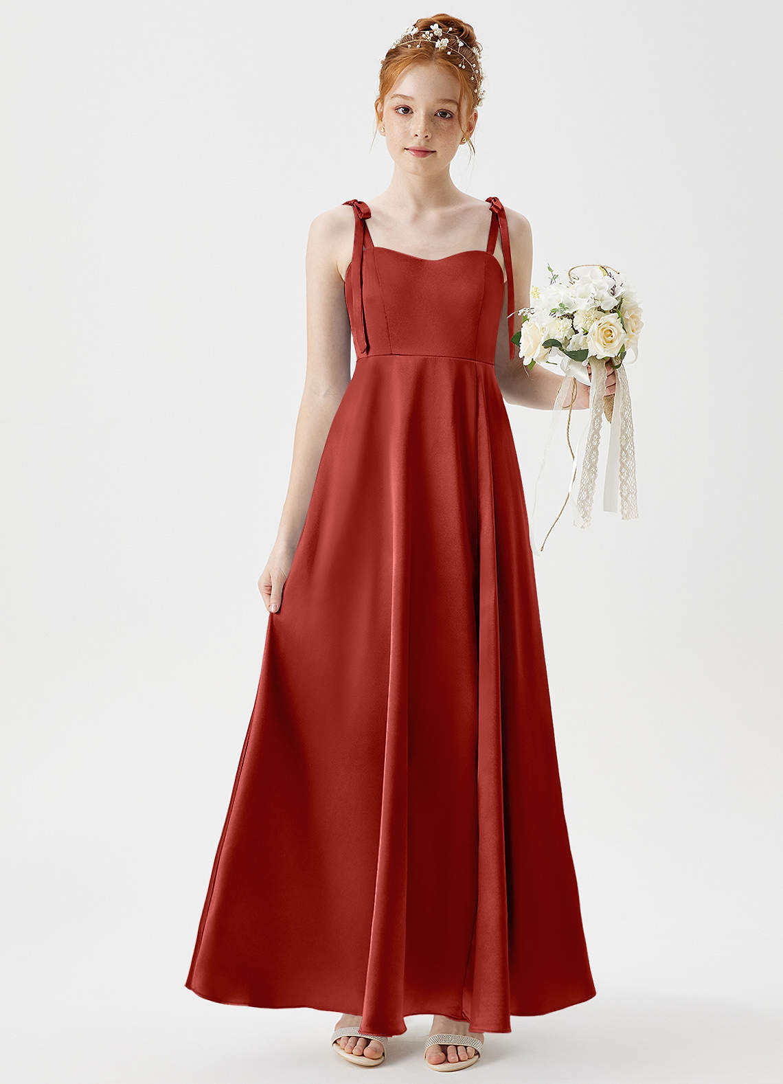 Azazie Rosey Junior A-Linie Herzausschnitt Metallischer Satin Kleid Rost image1