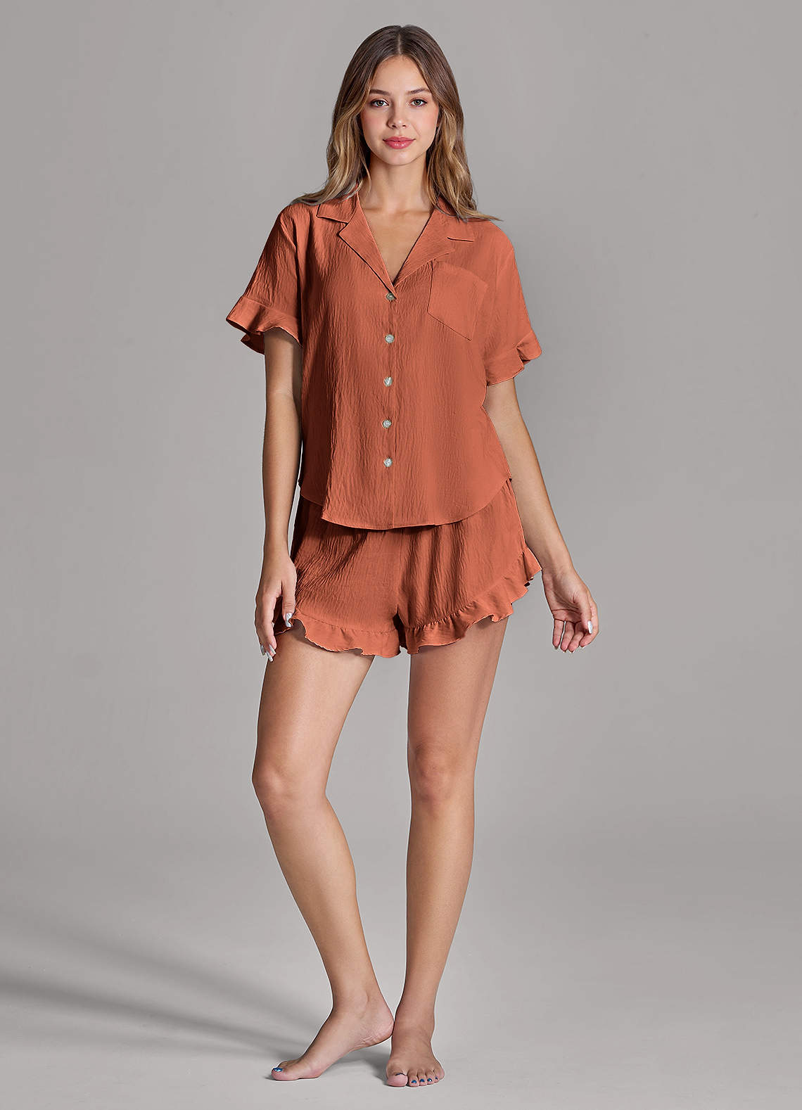 front Matching Color Ruffled Cloud-Soft Pajama Set