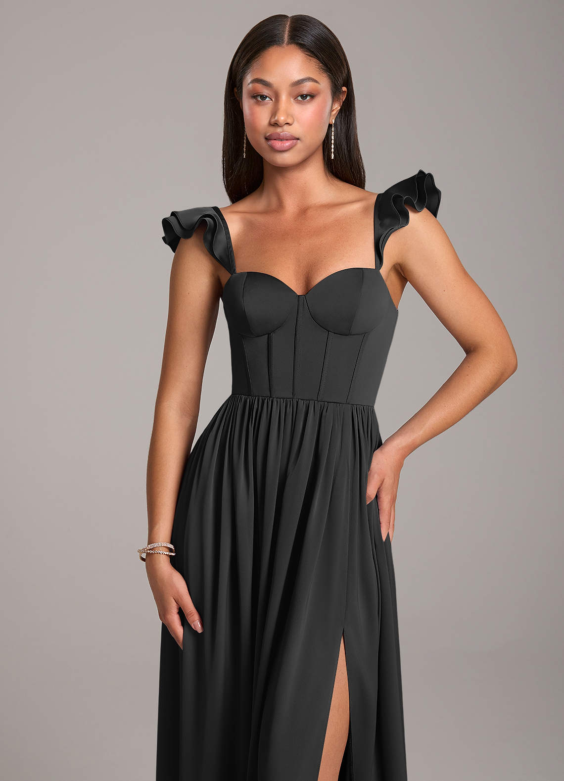 green emerald velvet dress Strapless Black Chiffon Long Bridesmaid Dress with Slit – FancyVestido