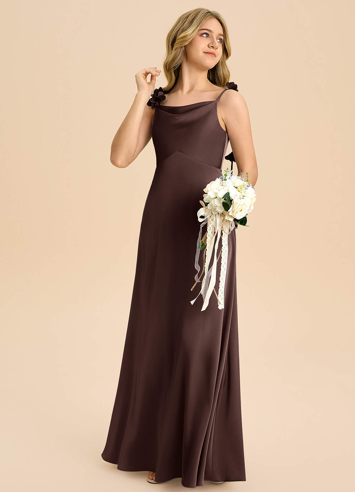 Azazie Gumdrop Junior Ganache Empire Pleated Stretch Satin Dress image3