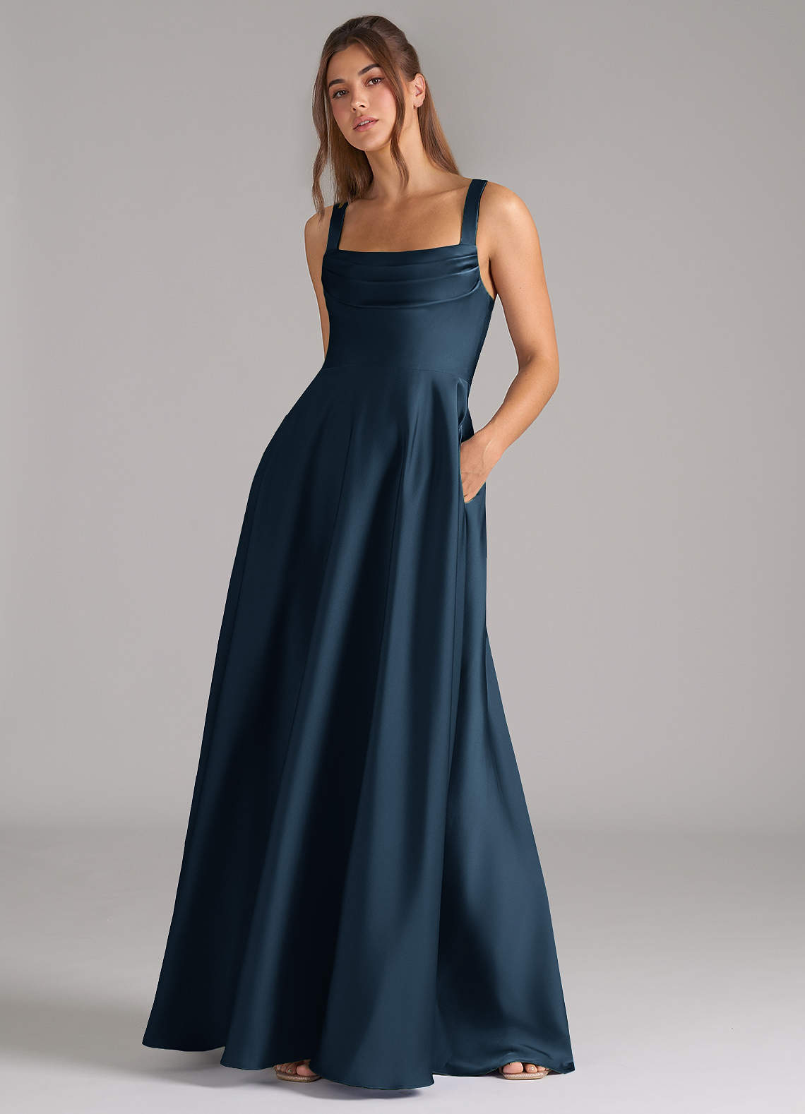Azazie A-Line Square Neck Floor-Length Stretch Satin Bridesmaid Dresses