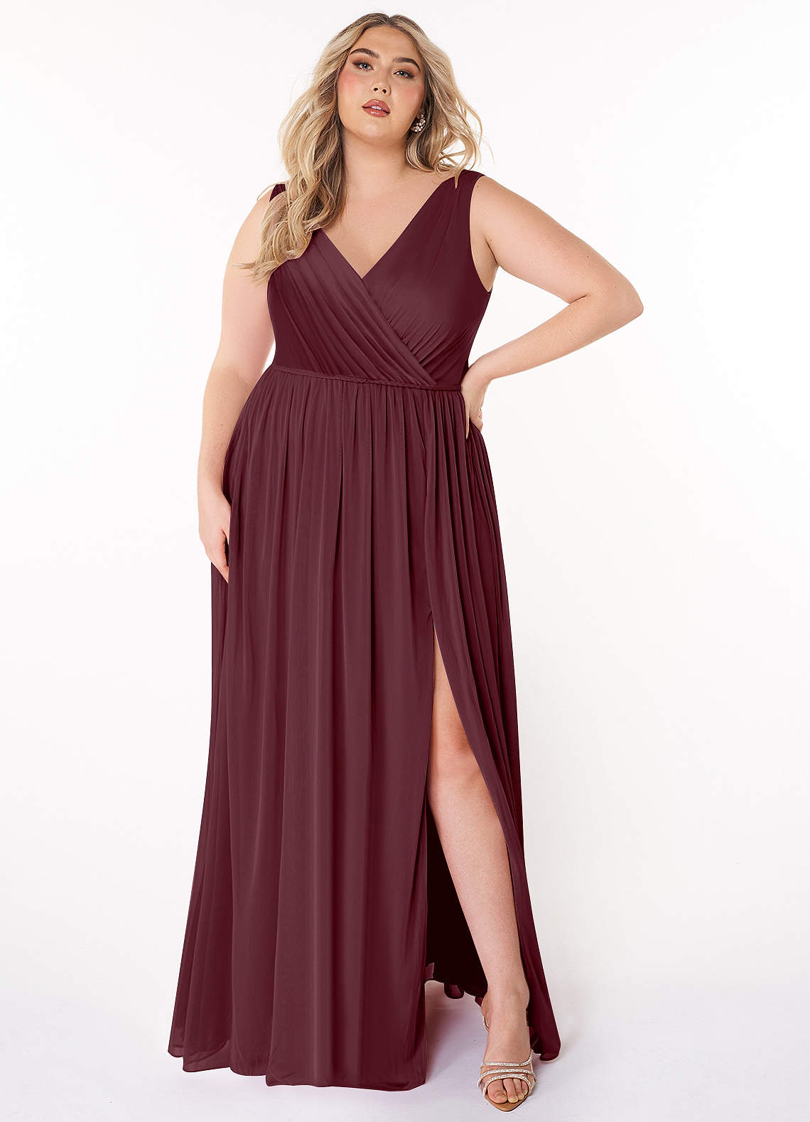 Azazie Tanicia Bridesmaid Dresses Cabernet A-Line V-Neck Pleated Mesh Dress image1