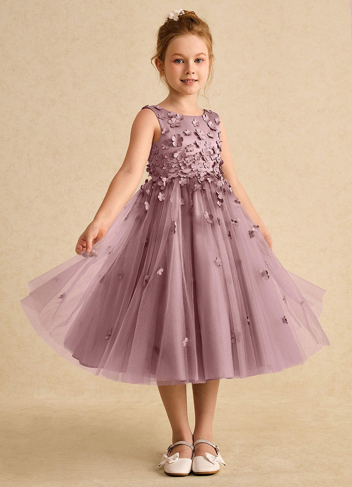 Azazie Lana Blumenmädchenkleider A-Linie ärmellos Matte Satin Kleid Altrosa image4