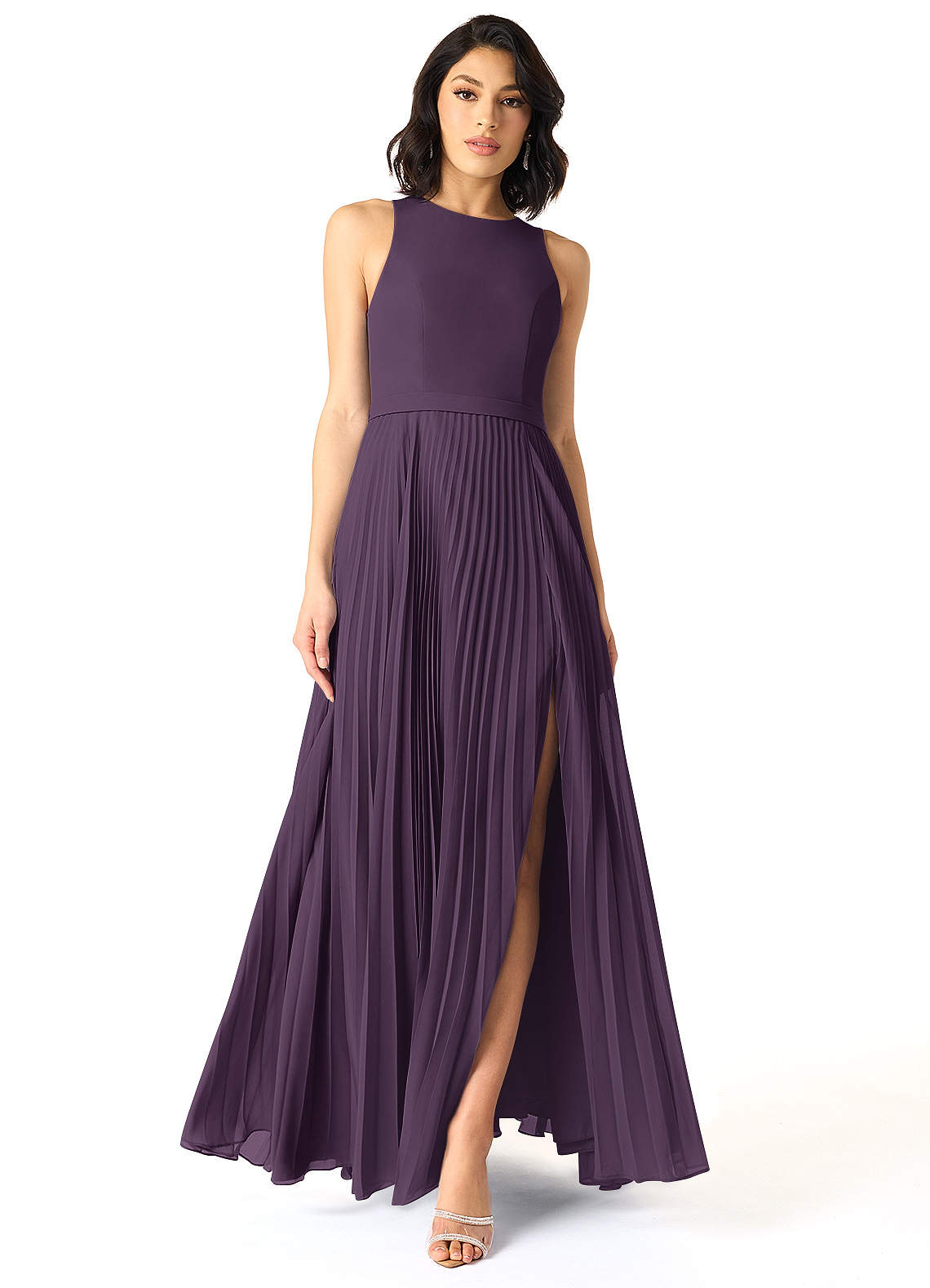 Azazie Lindie Bridesmaid Dresses Plum A-Line Scoop Pleated Chiffon Dress image1
