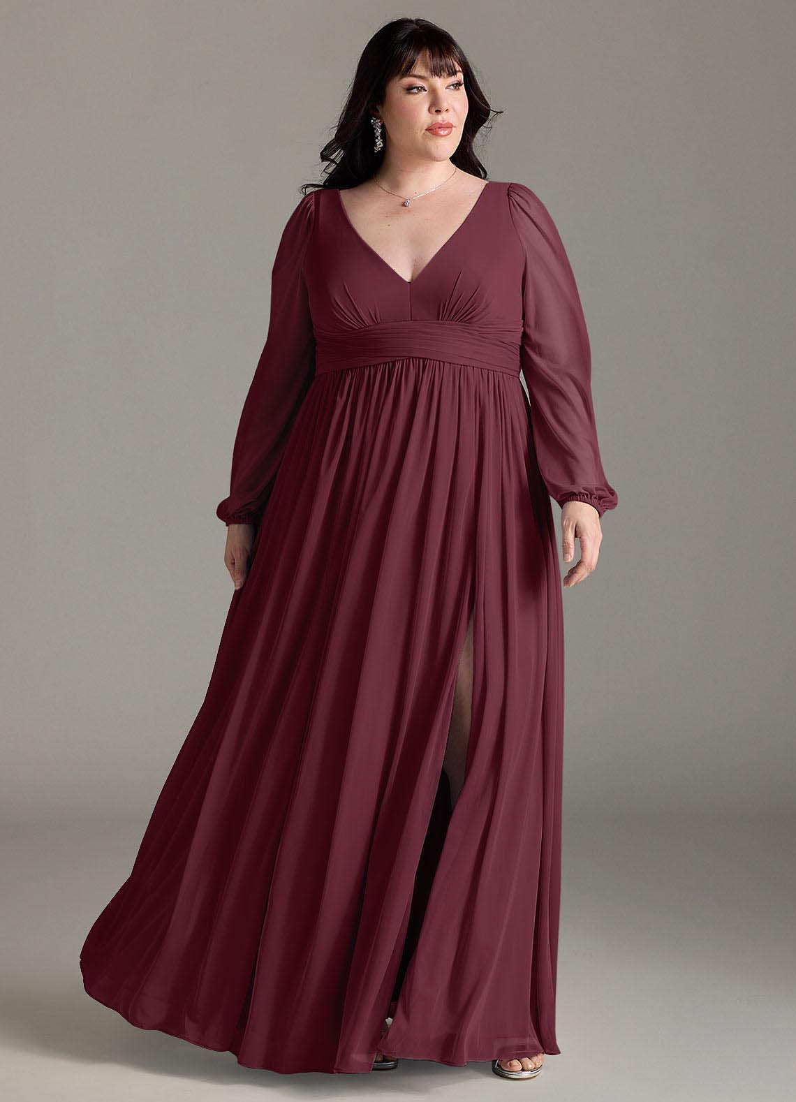 Azazie Norah Bridesmaid Dresses Cabernet A-Line V-Neck Long Sleeve Chiffon Dress image1
