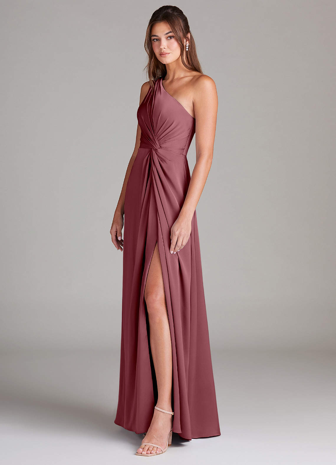 Azazie Brooke Abiti da Damigella Abito A-Line in Raso Elasticizzato Monospalla Rosa Del Deserto image5