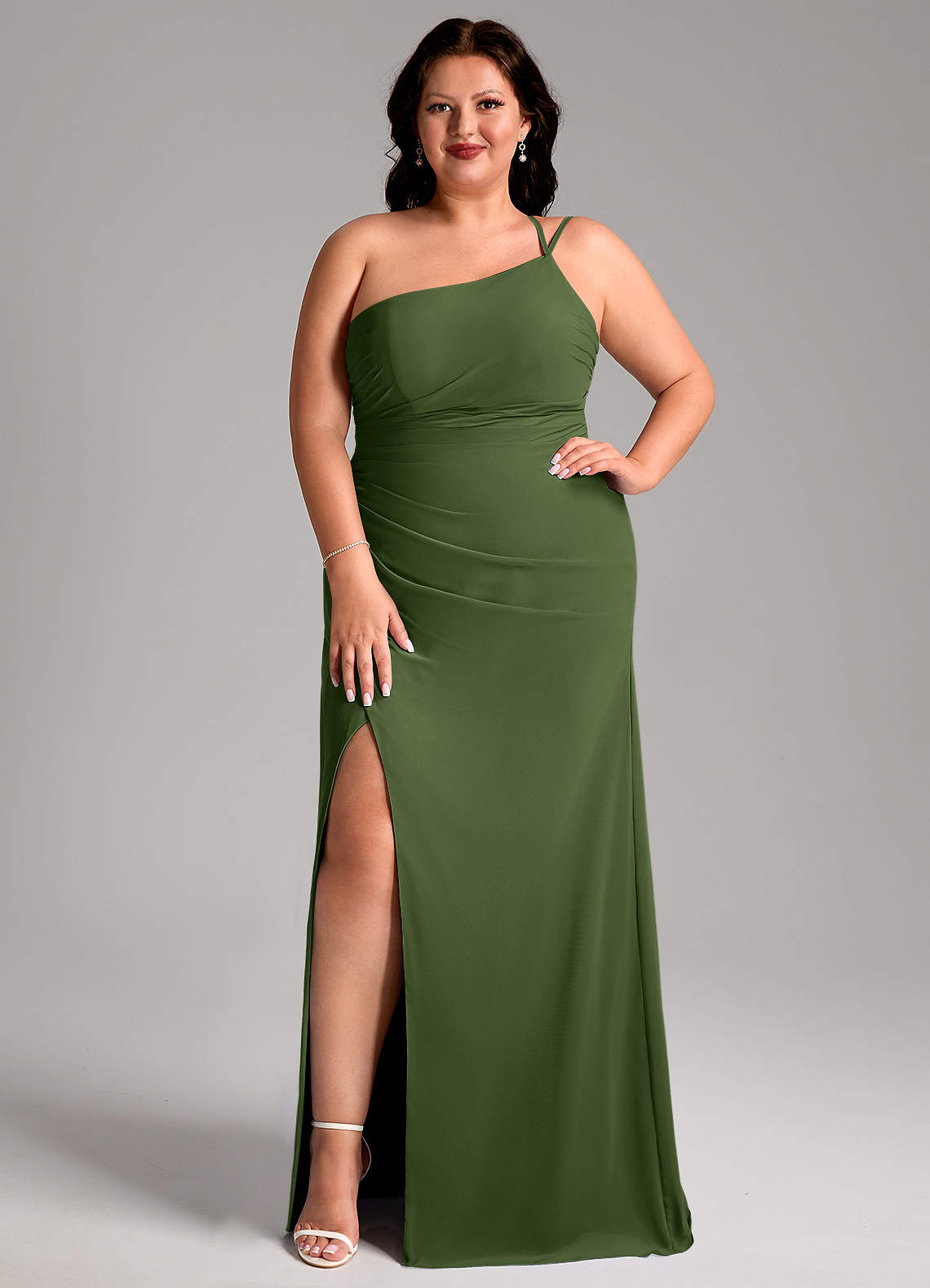 Azazie Eren Jurken voor bruidsmeisjes Jurk van Chiffon met Kolom One-Shoulder Olijf image1