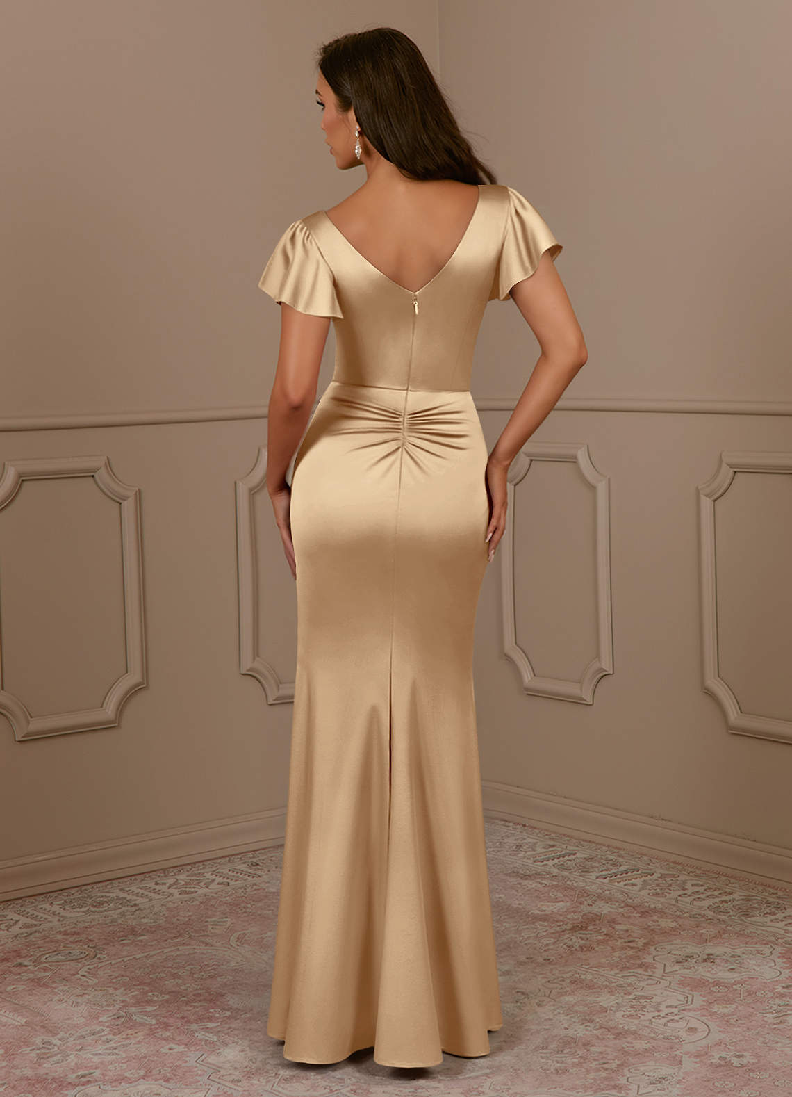 Azazie Roya Kleider für die Brautmutter Meerjungfrau-Linie Plissee mit V-Ausschnitt Stretch-Satin Kleid Champagner image3