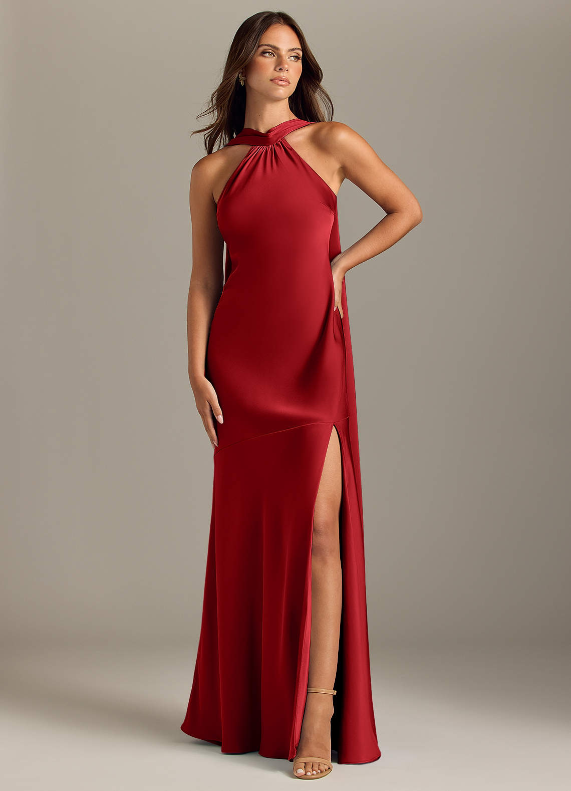 Azazie Kinsley Bridesmaid Dresses Pomegranate Mermaid Side Slit Stretch Satin Dress image1