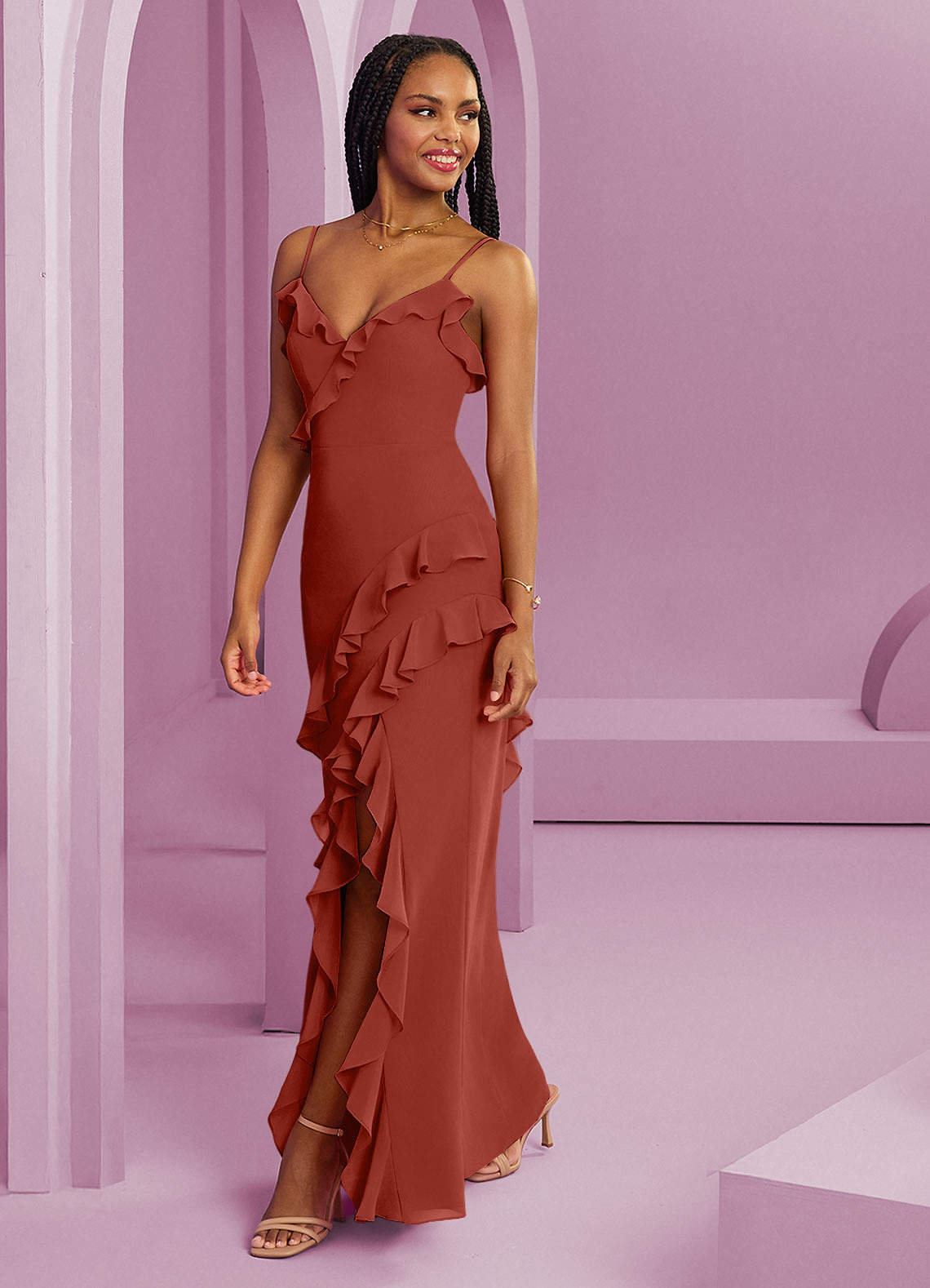 Barbie ♥ Azazie Kjoler til hjemmeprøvning Skede Chiffon Gulv-længde Kjole image1
