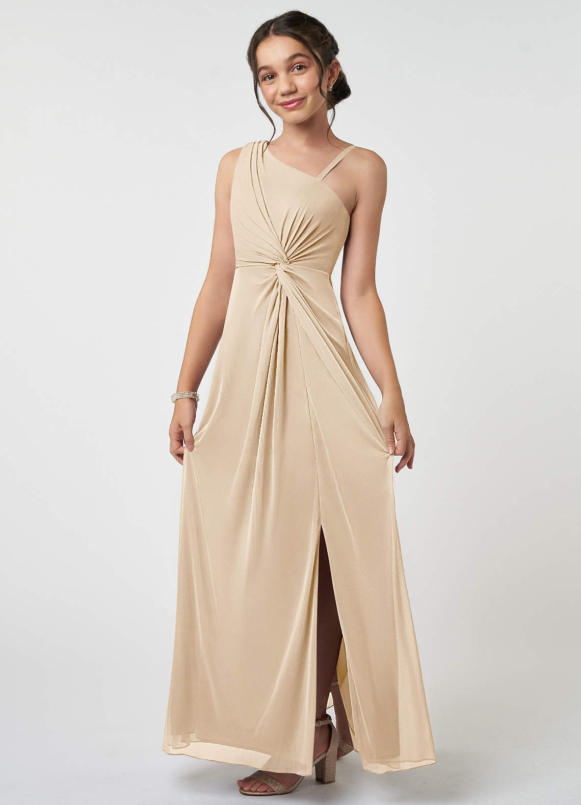 Azazie Brooke Junior Champagne A-Line Pleated Mesh Dress image2