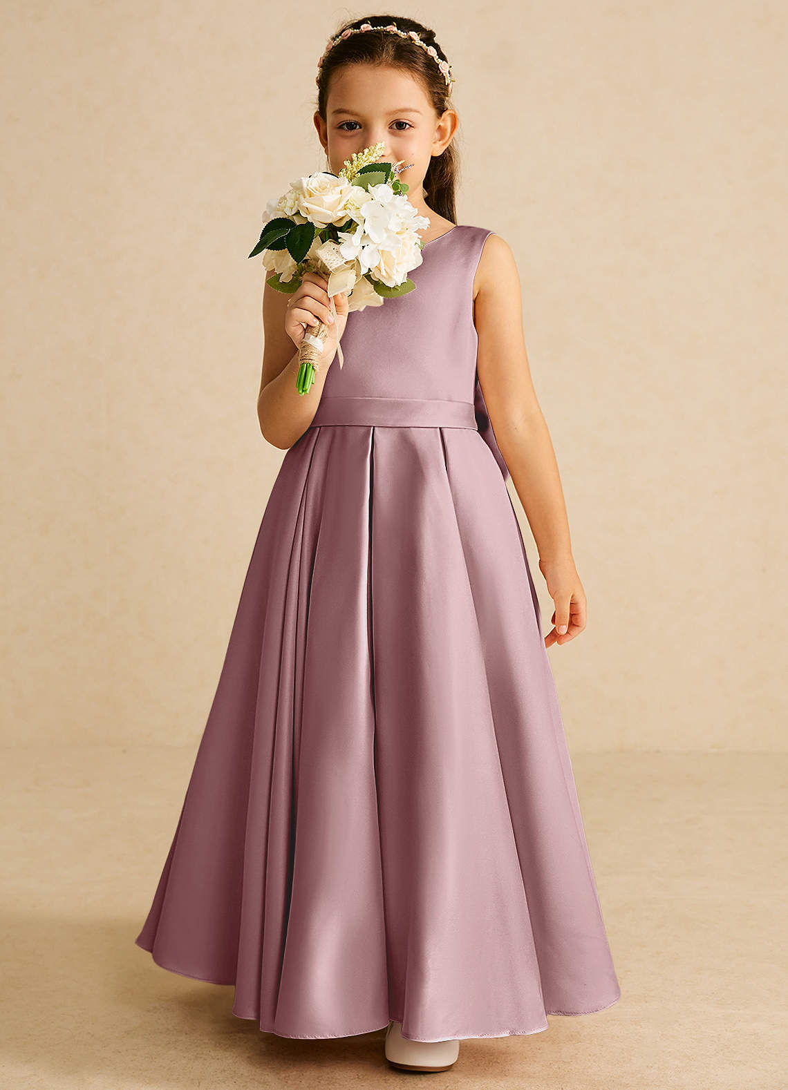 Azazie Pipsy Flower Girl Dresses Dusty Rose A-Line Bow Matte Satin Dress image4