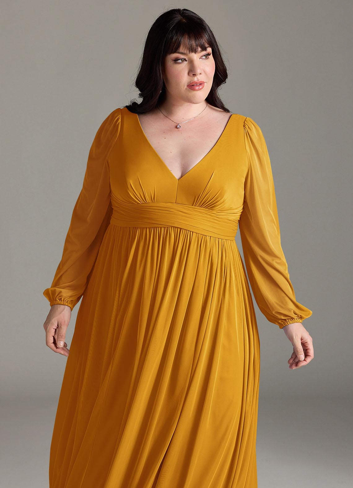 Azazie Plus Size A-Line V-Neck Long Sleeve Floor-Length Chiffon Bridesmaid Dresses - Butterscotch