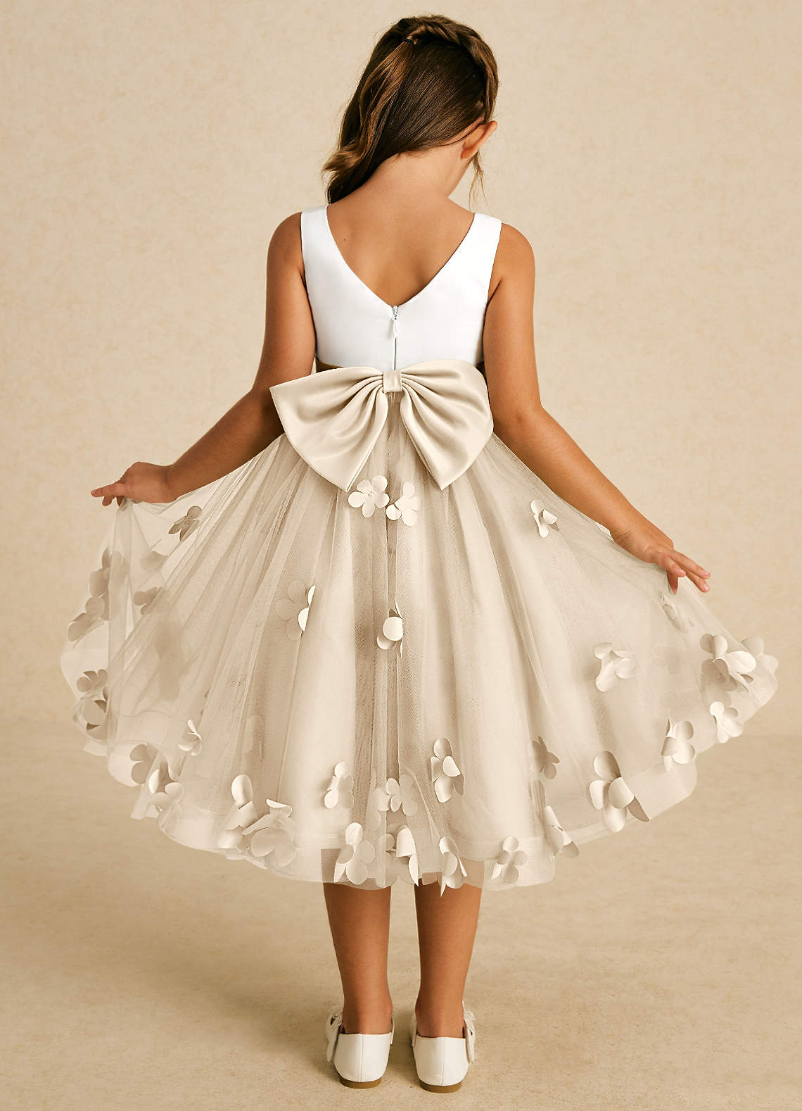 Azazie Sprout Champagne A-Line Bow Tulle Dress | Azazie
