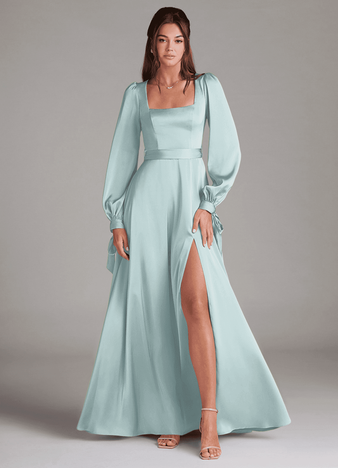 Azazie Leonia Bridesmaid Dresses Mist A-Line Long Sleeve Stretch Satin Dress image1