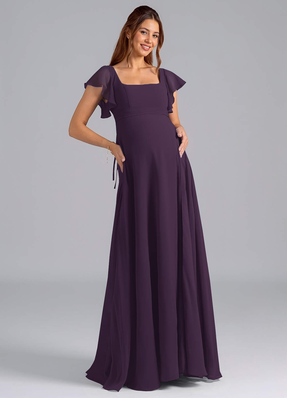 Azazie Bondi Probar vestidos en casa Vestido de Corte En A Volante Hasta el suelo Gasa image1