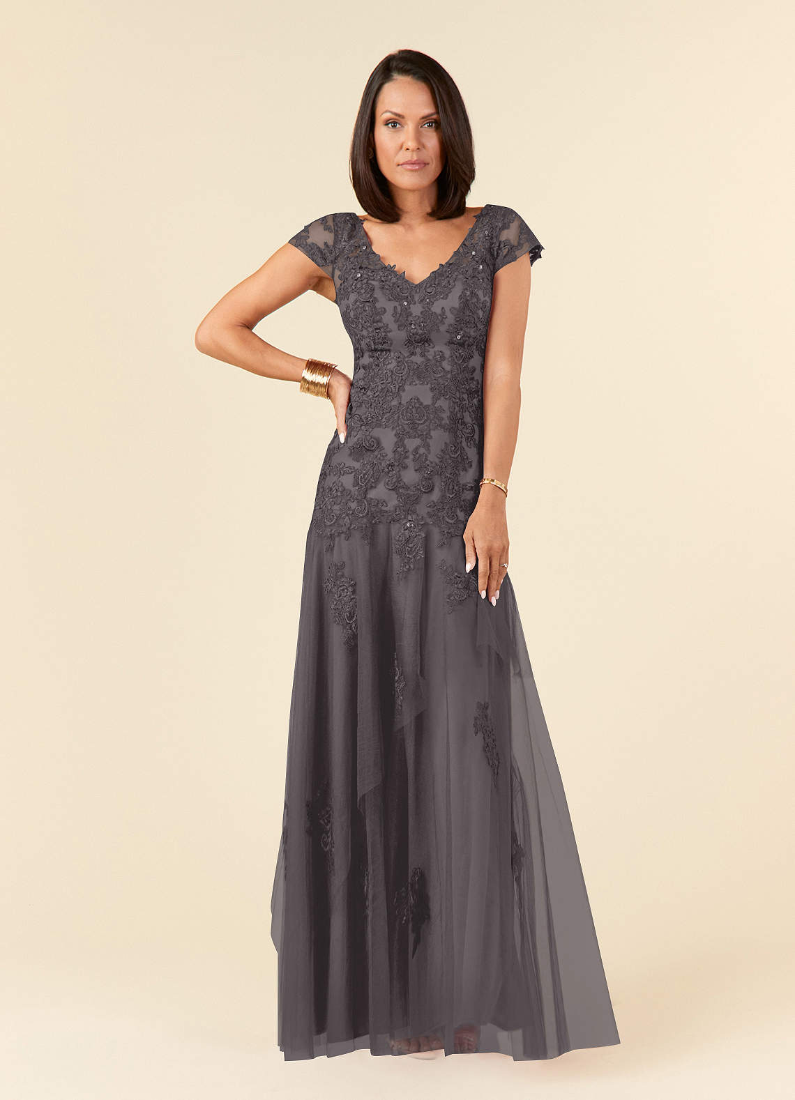 Azazie Romy Mother of the Bride Dresses Steel Grey Mermaid V-Neck Sequins Tulle Dress image1