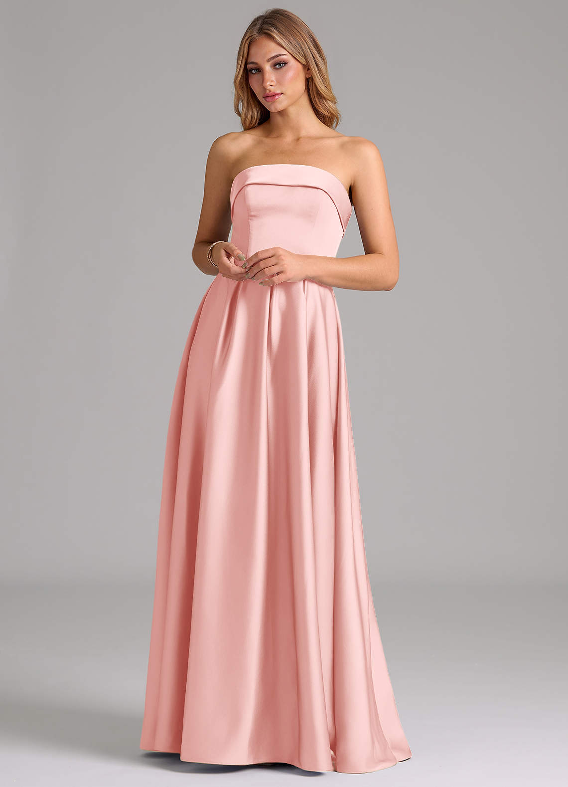 Azazie Lucienne Bridesmaid Dresses Powder Pink A-Line Strapless Stretch Satin Convertible Dress image3