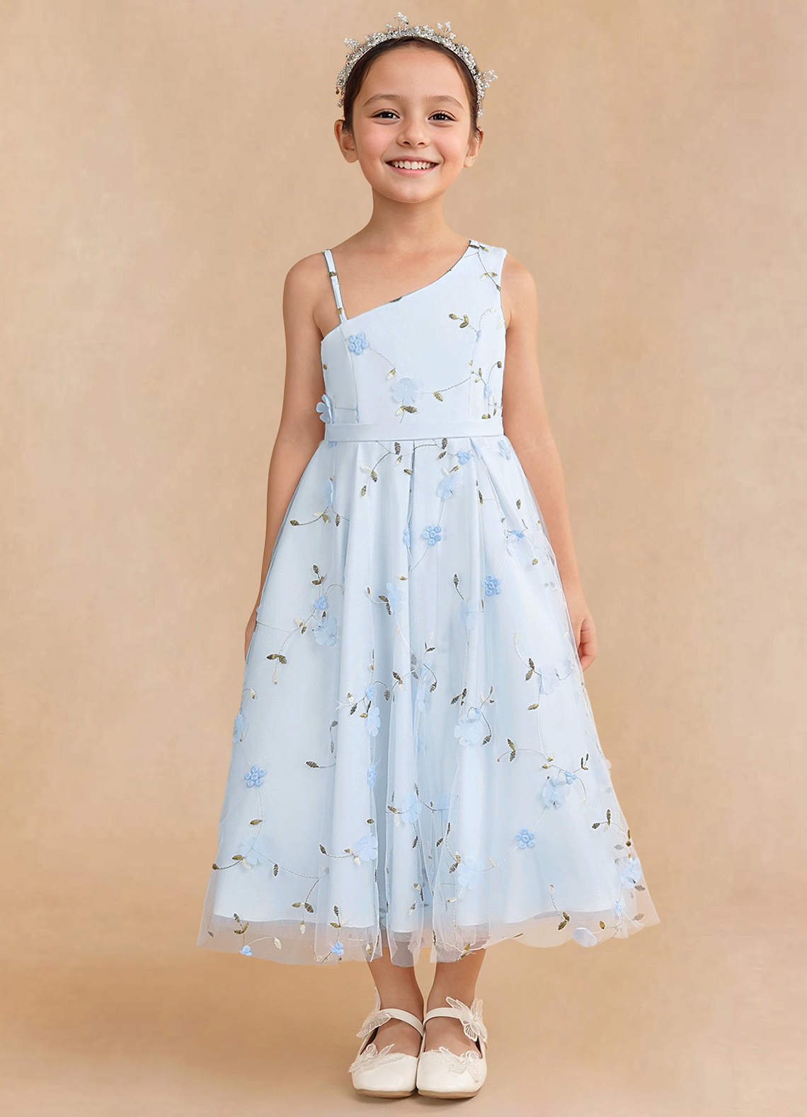 Girl's Off Shoulder Tulle Dress With Sequin Flowers - Flower Girl Tutu Party Outfit