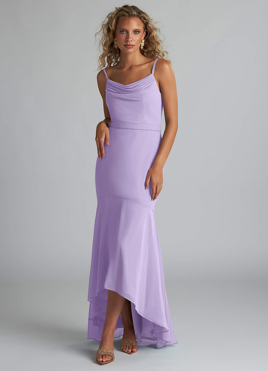 Azazie Summer Bridesmaid Dresses Lilac Mermaid Scoop Cowl Chiffon Dress image1