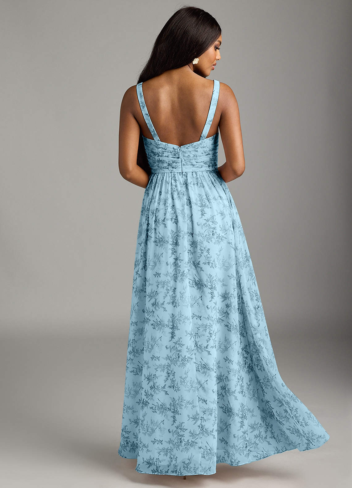 blue pattern bridesmaid dress AW.Bridal A-line V-Neck Floor Length Sleeveless Ruching Split Floral Bridesmaid Dresses Floral Dress Blue Botanical Floral Size 18