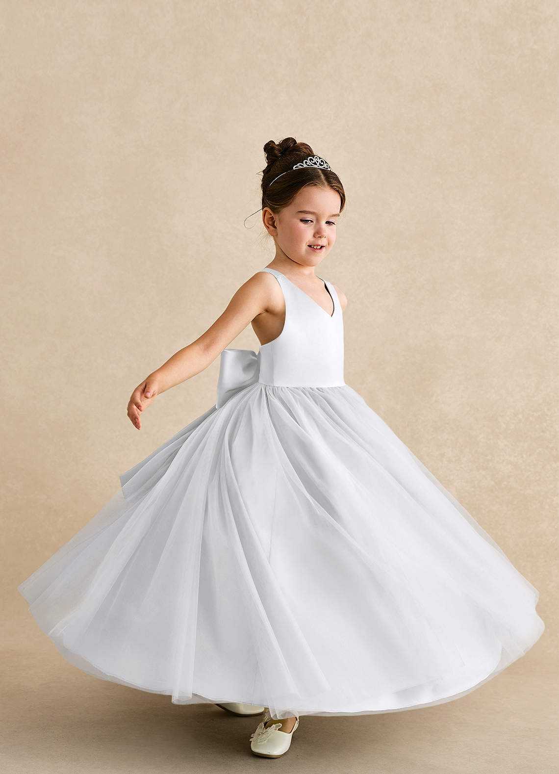 Azazie Peanut Flower Girl Dresses White A-Line Strap Tulle Dress image4